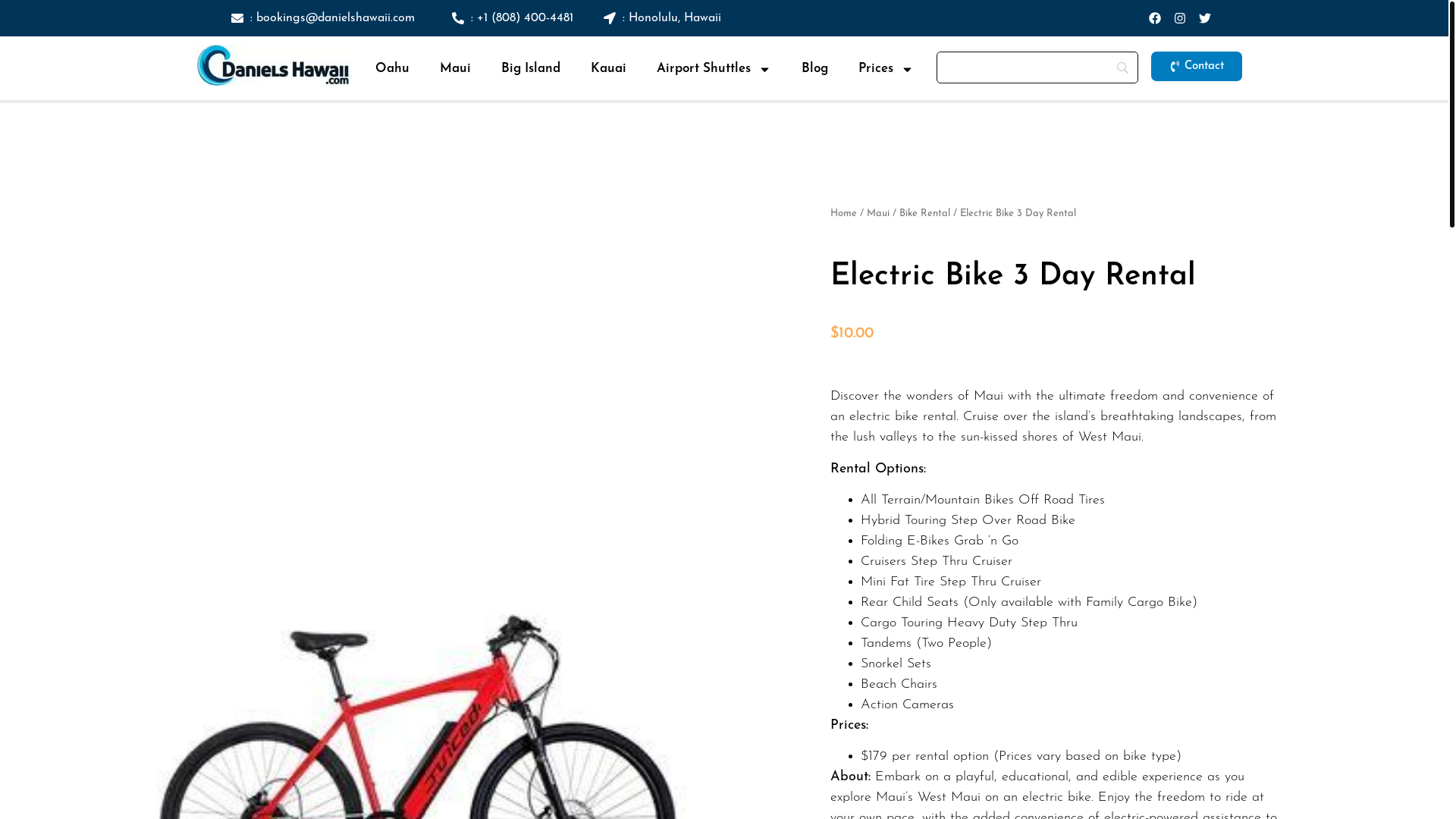 website screenshot of https://danielshawaiiactivities.com/tour/electric-bike-3-day-rental/