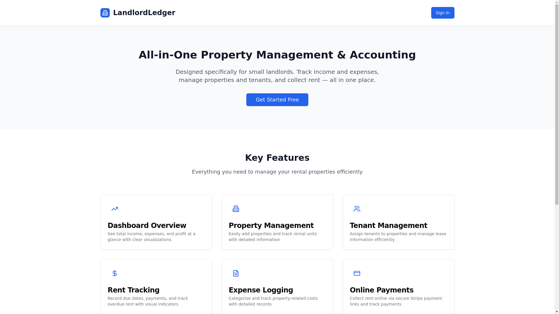 website screenshot of https://landlordledger.io/