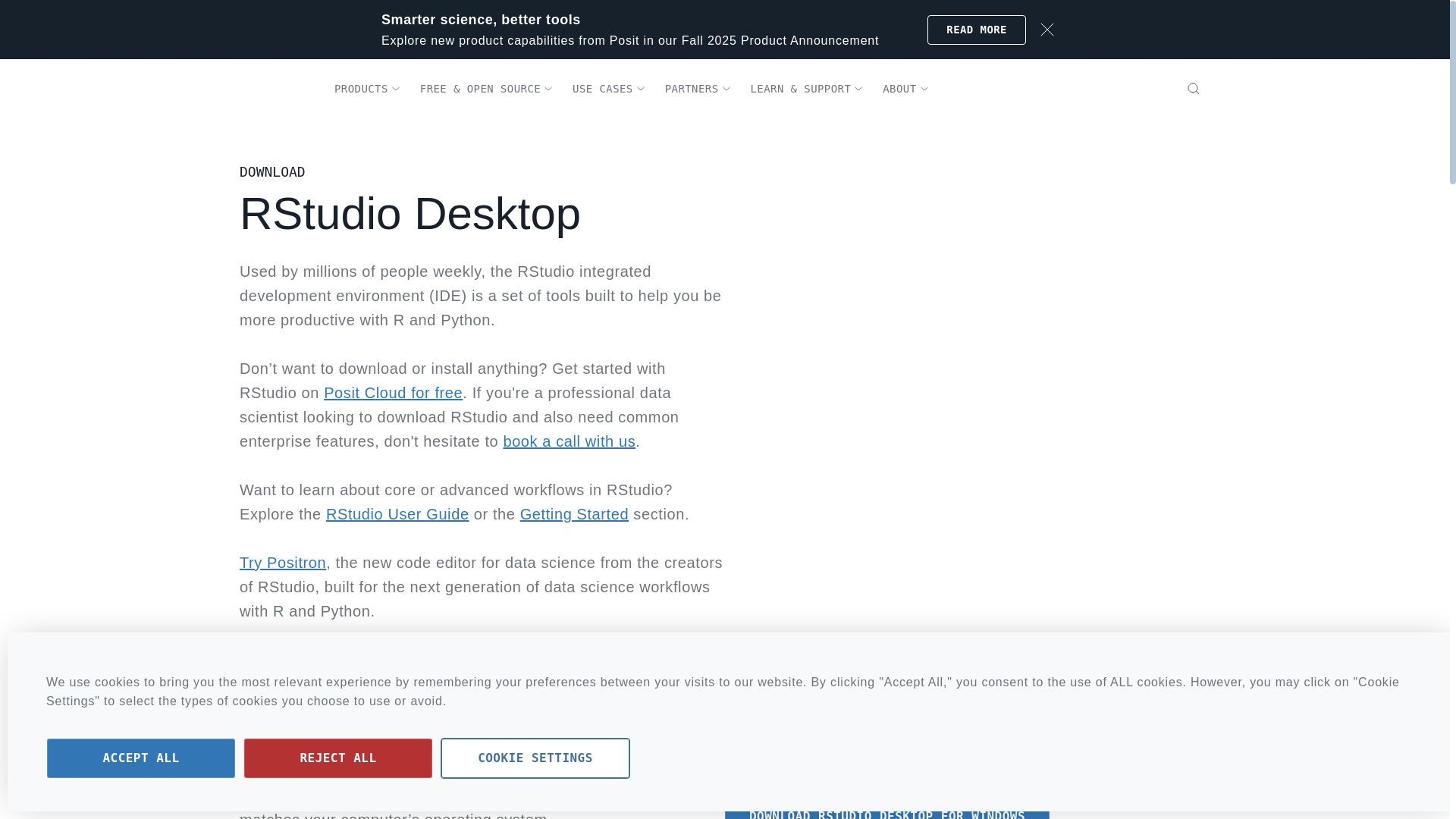 website screenshot of https://posit.co/download/rstudio-desktop/