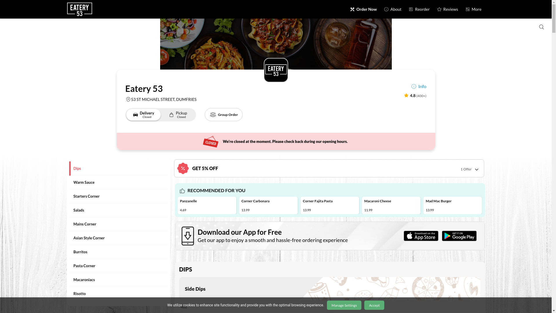 website screenshot of https://eatery53.com/