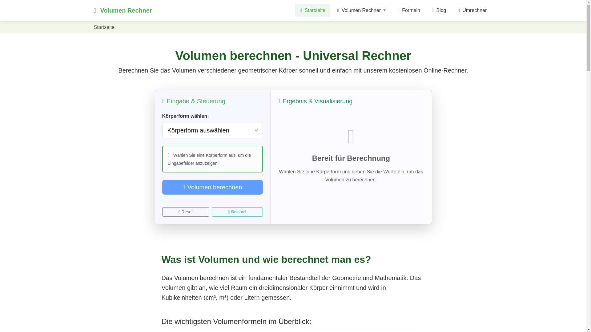 website screenshot of https://volumenberechnen-online.pages.dev/