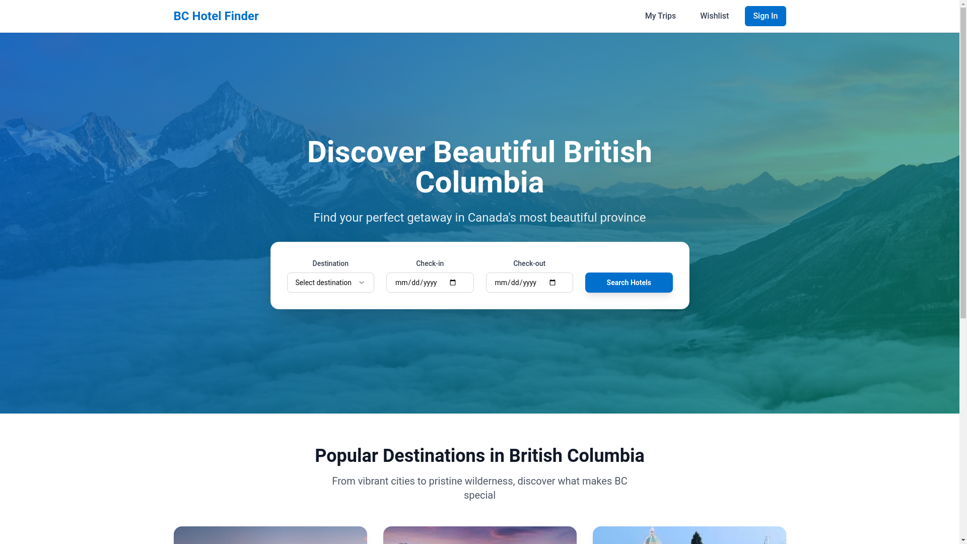 website screenshot of https://bchotelfinder.com/