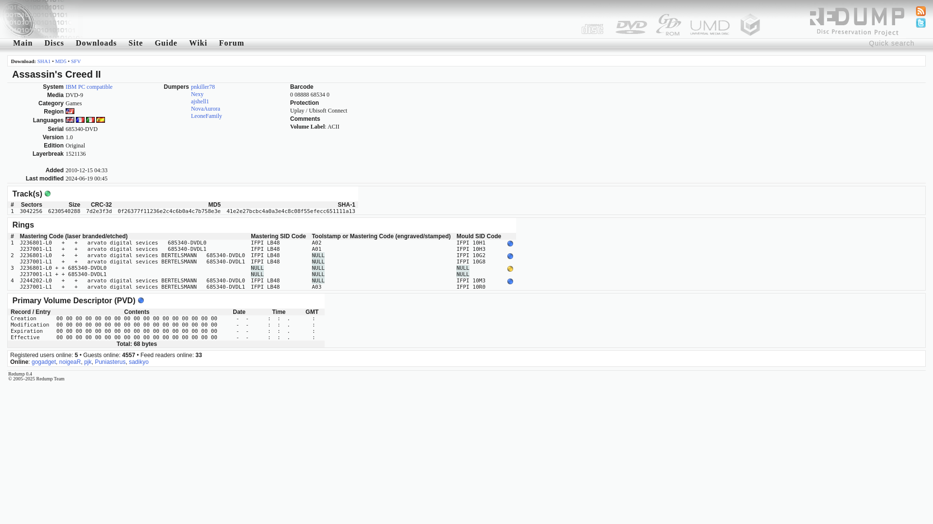 website screenshot of http://redump.org/disc/17350/