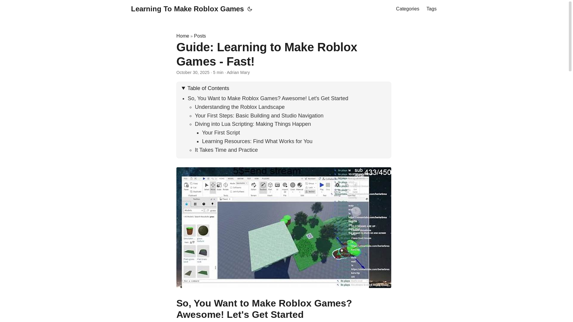 website screenshot of https://learning-to-make-roblox-games.pages.dev/