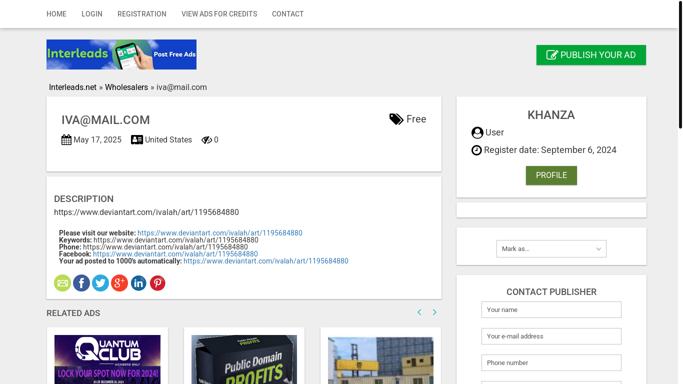website screenshot of https://www.interleads.net/classifieds/business-opportunities_2/wholesalers/ivamail-com_i49611