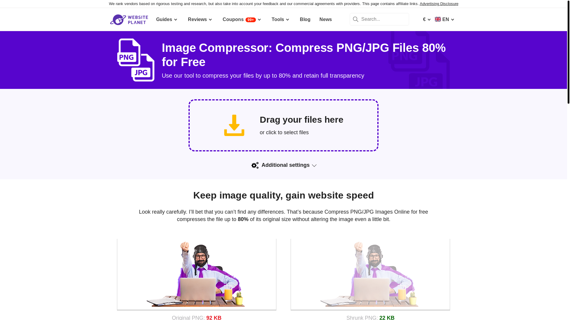 website screenshot of https://www.websiteplanet.com/webtools/imagecompressor/