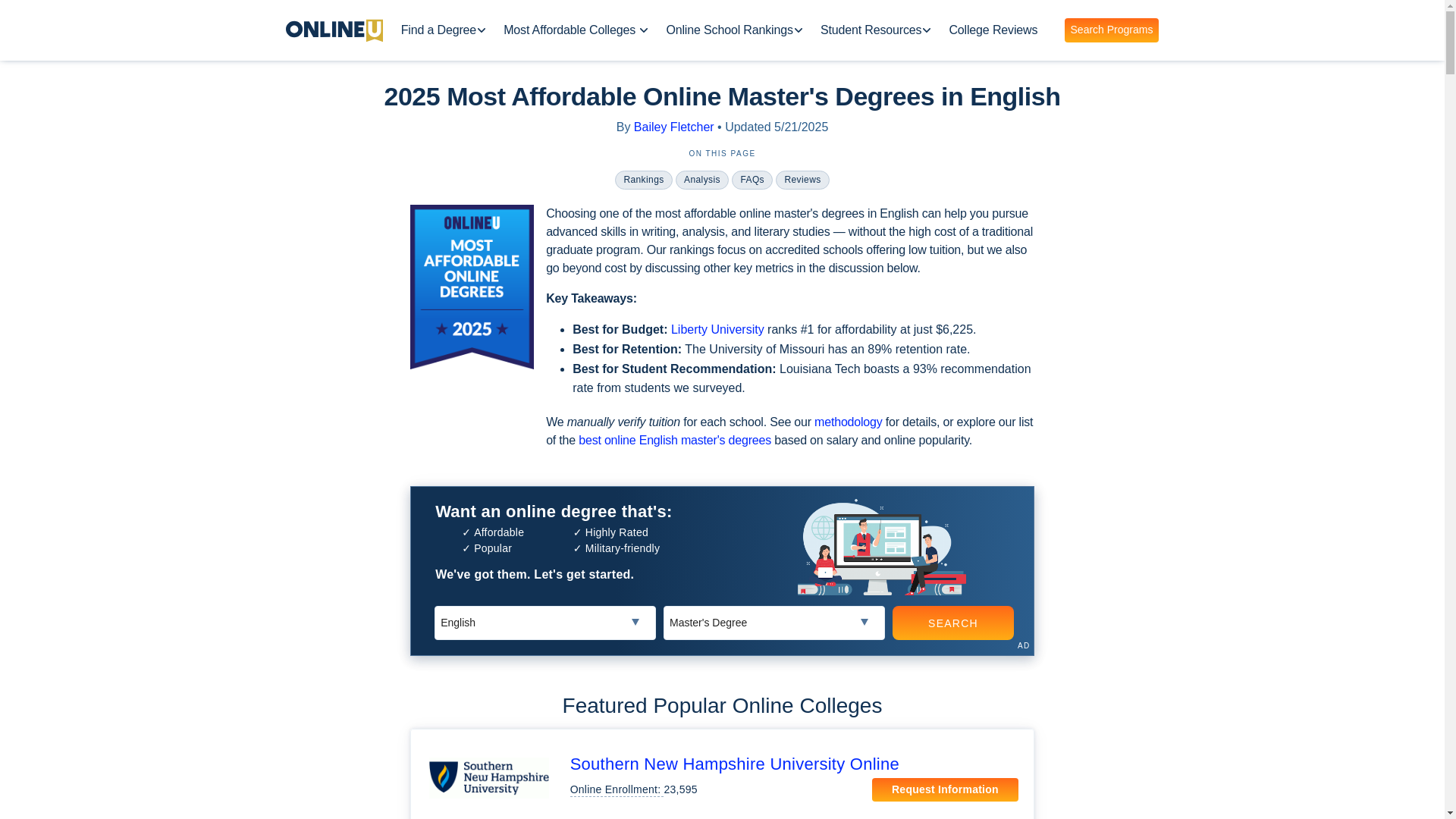 website screenshot of https://www.onlineu.com/most-affordable-colleges/english-masters-degrees
