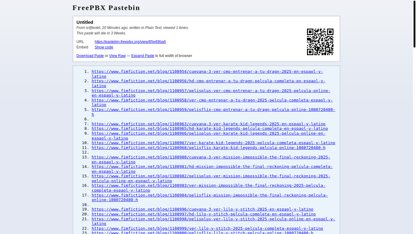 website screenshot of https://pastebin.freepbx.org/view/85e89ba6