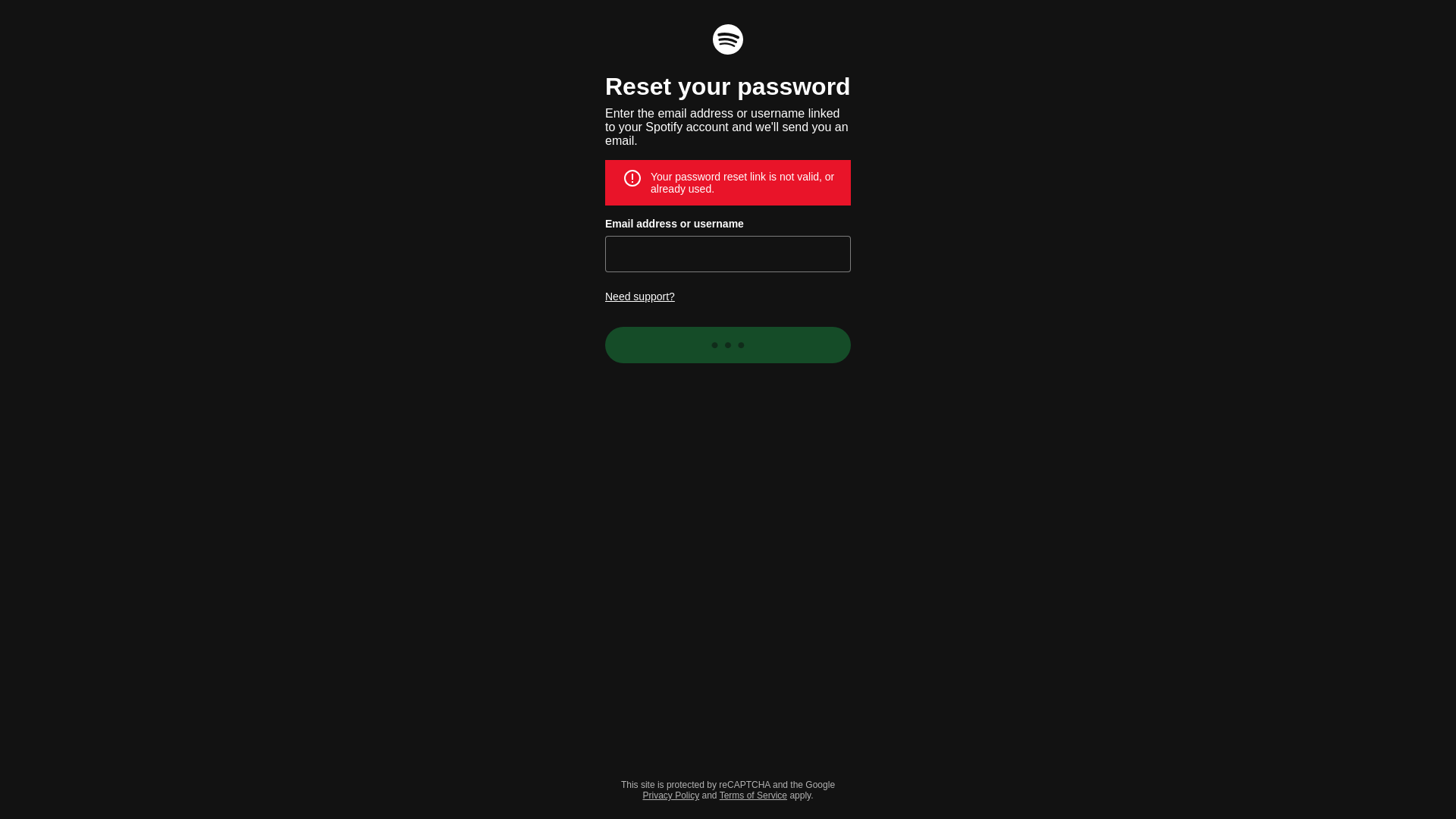 website screenshot of https://accounts.spotify.com/login/ott/web#token=781LU55TQ2eOoW-gjClQBw&passwordToken=5EslwiQzTzqDZqtlrdab7Q&username=petersonsalme&continue=https%3A%2F%2Faccounts.spotify.com%2Fpassword-reset%2Fcomplete%235EslwiQzTzqDZqtlrdab7Q
