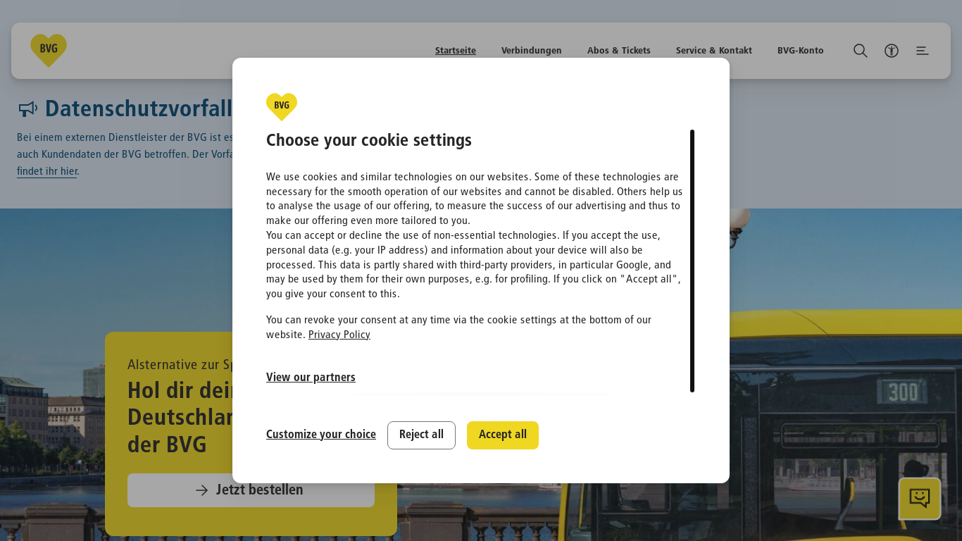website screenshot of https://www.bvg.de/