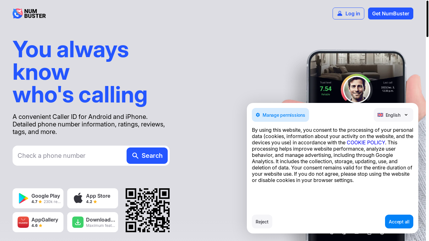 website screenshot of https://numbuster.pro/
