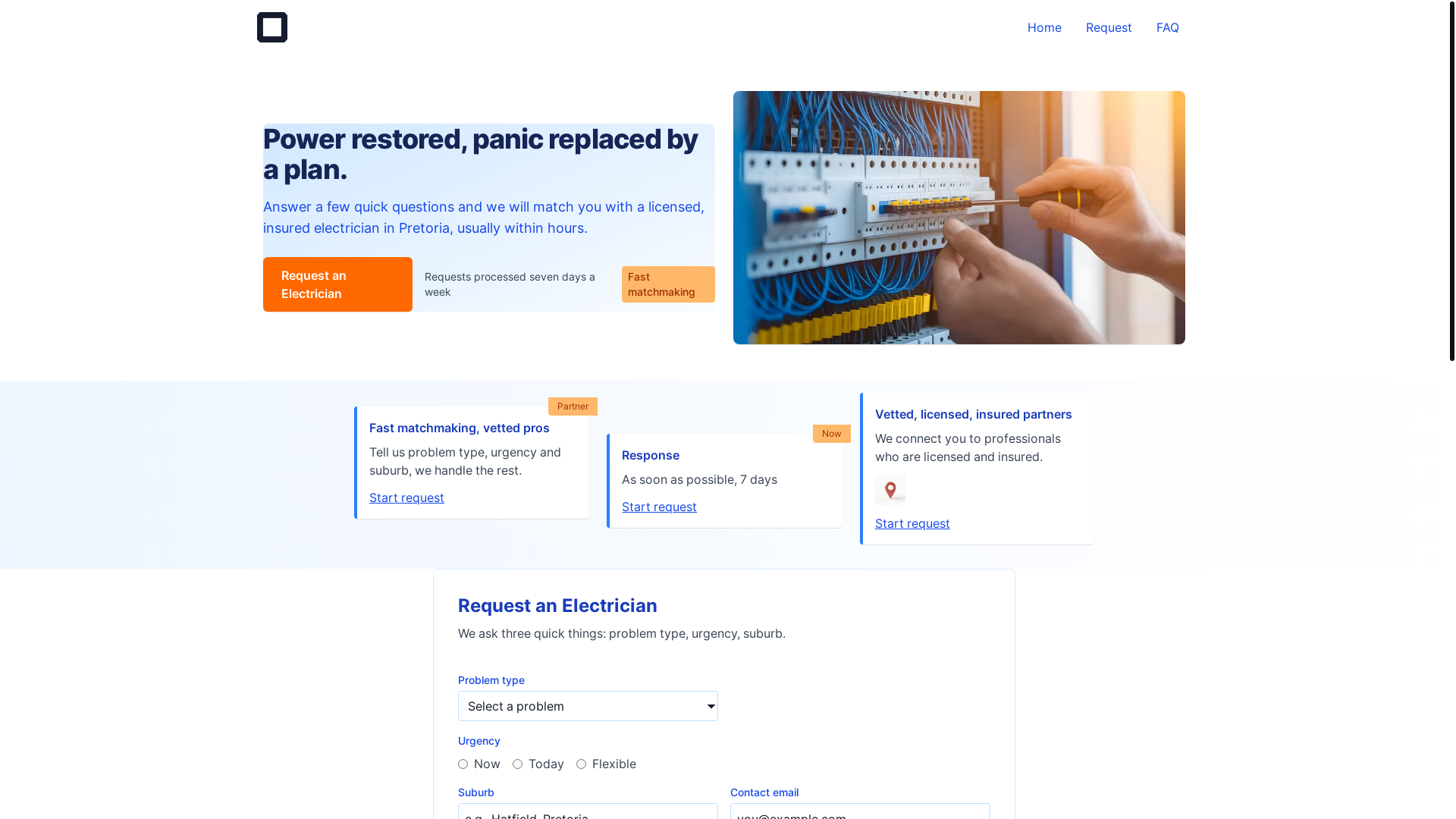 website screenshot of https://findmyelectrician.co.za/