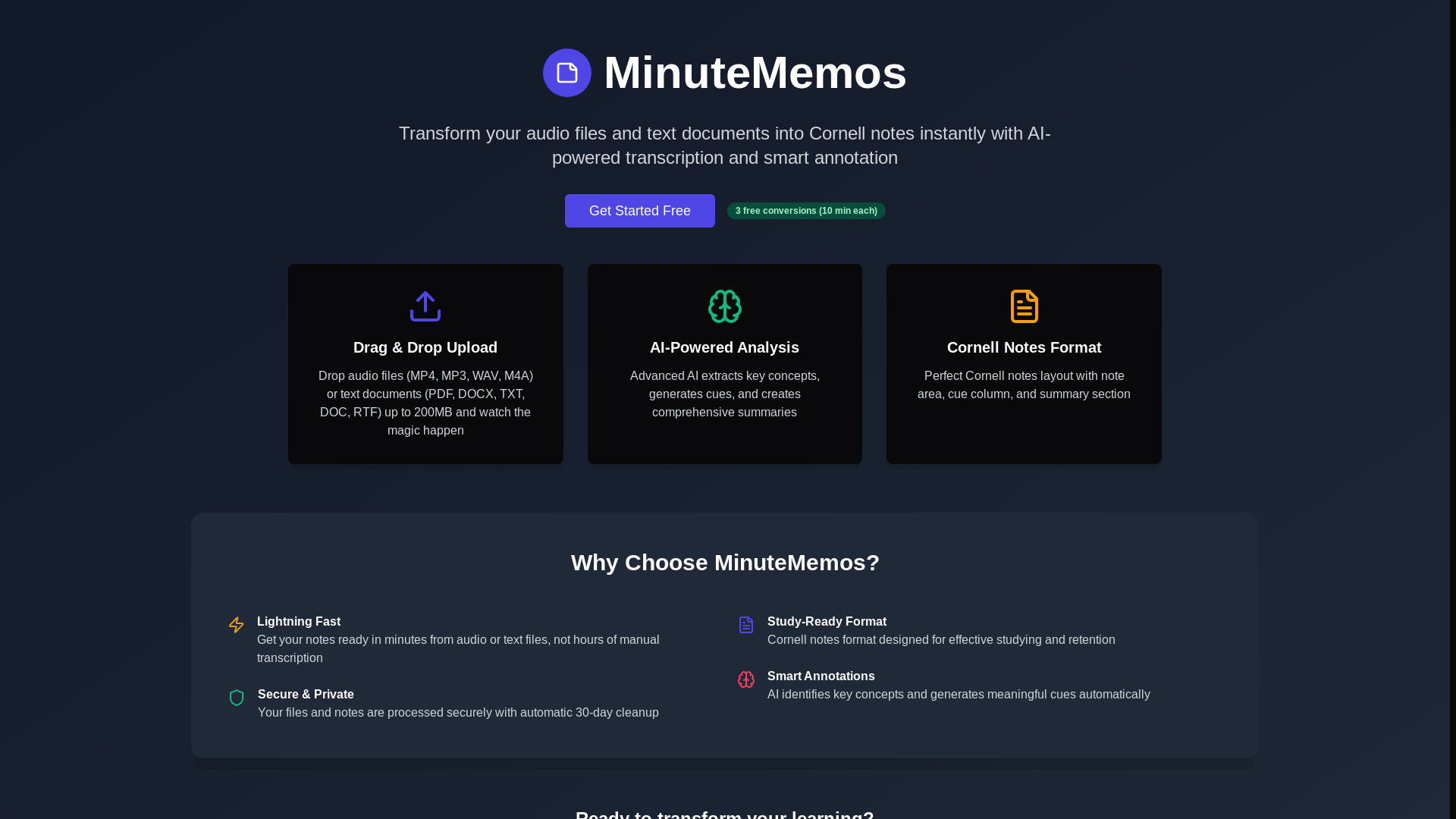 website screenshot of https://minutememos.com/