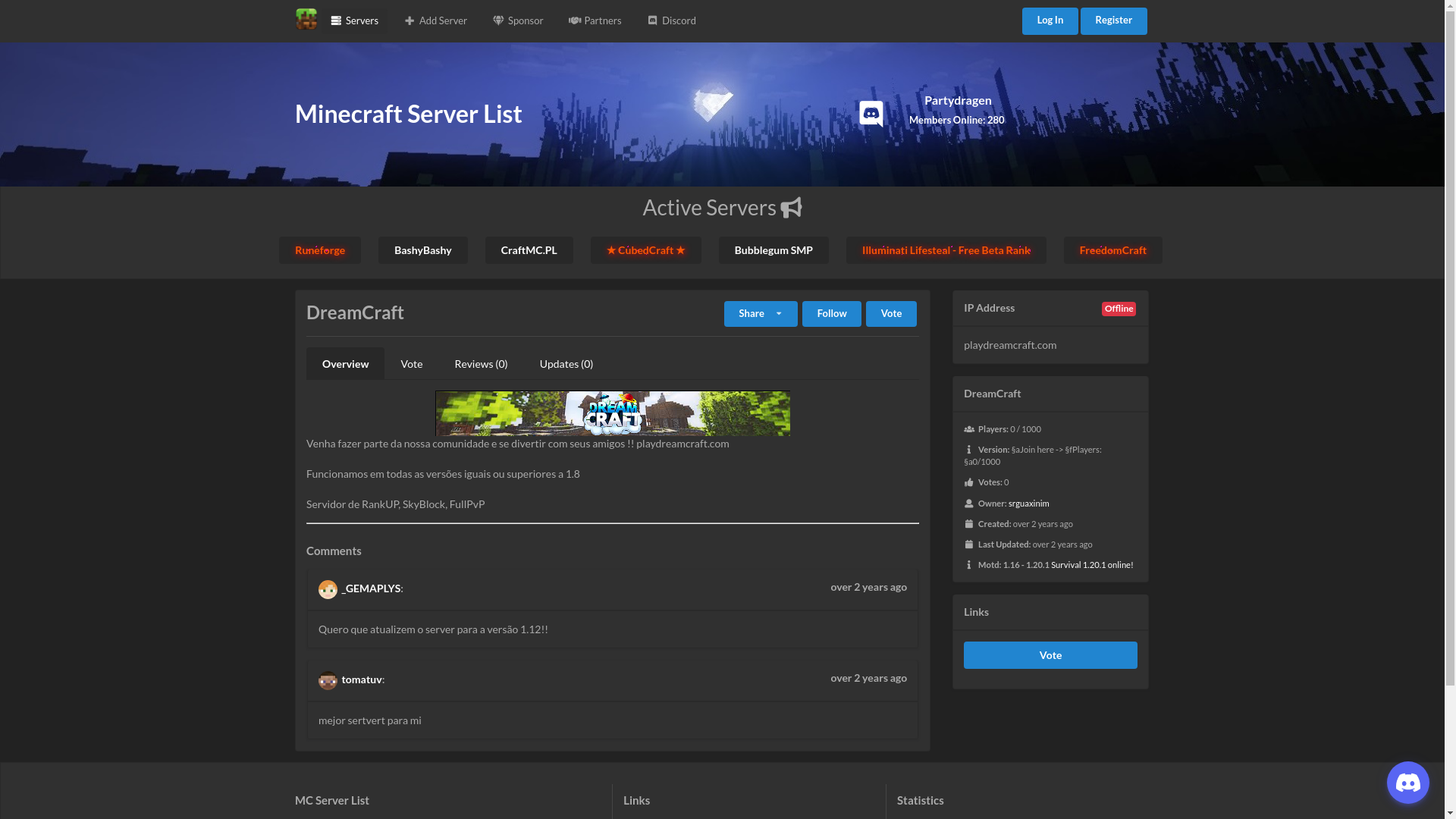 website screenshot of https://mc-server-list.com/server/1193-dreamcraft