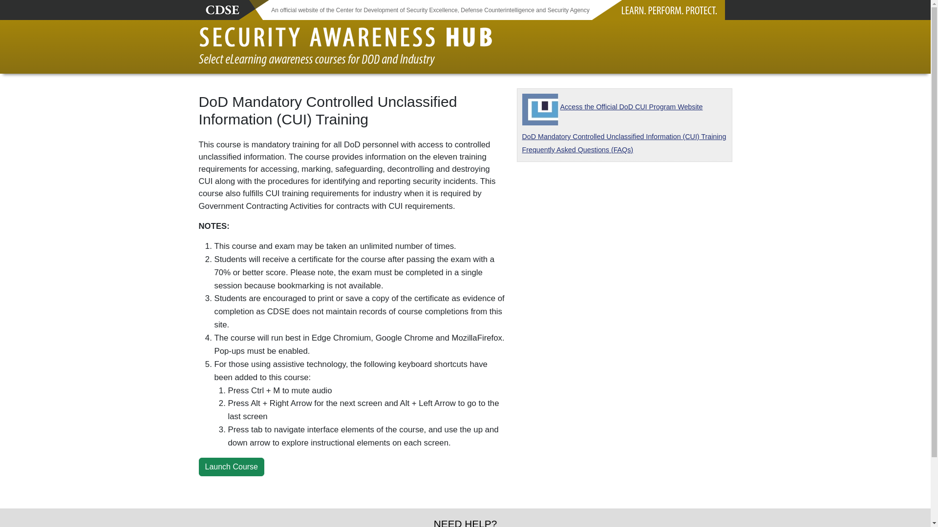 website screenshot of https://securityawareness.dcsa.mil/cui/index.html