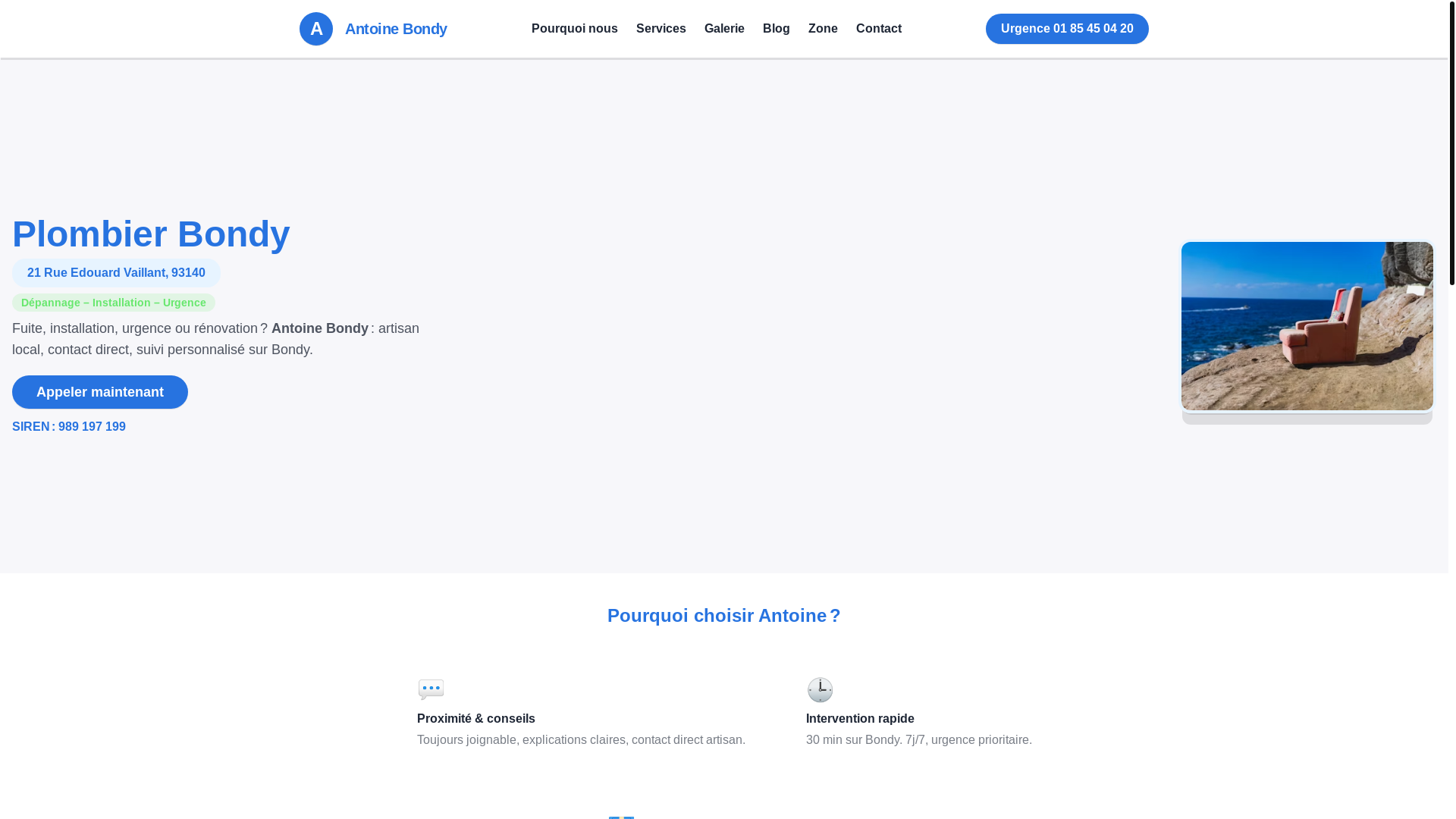 website screenshot of https://antoineplombierbondy.fr/