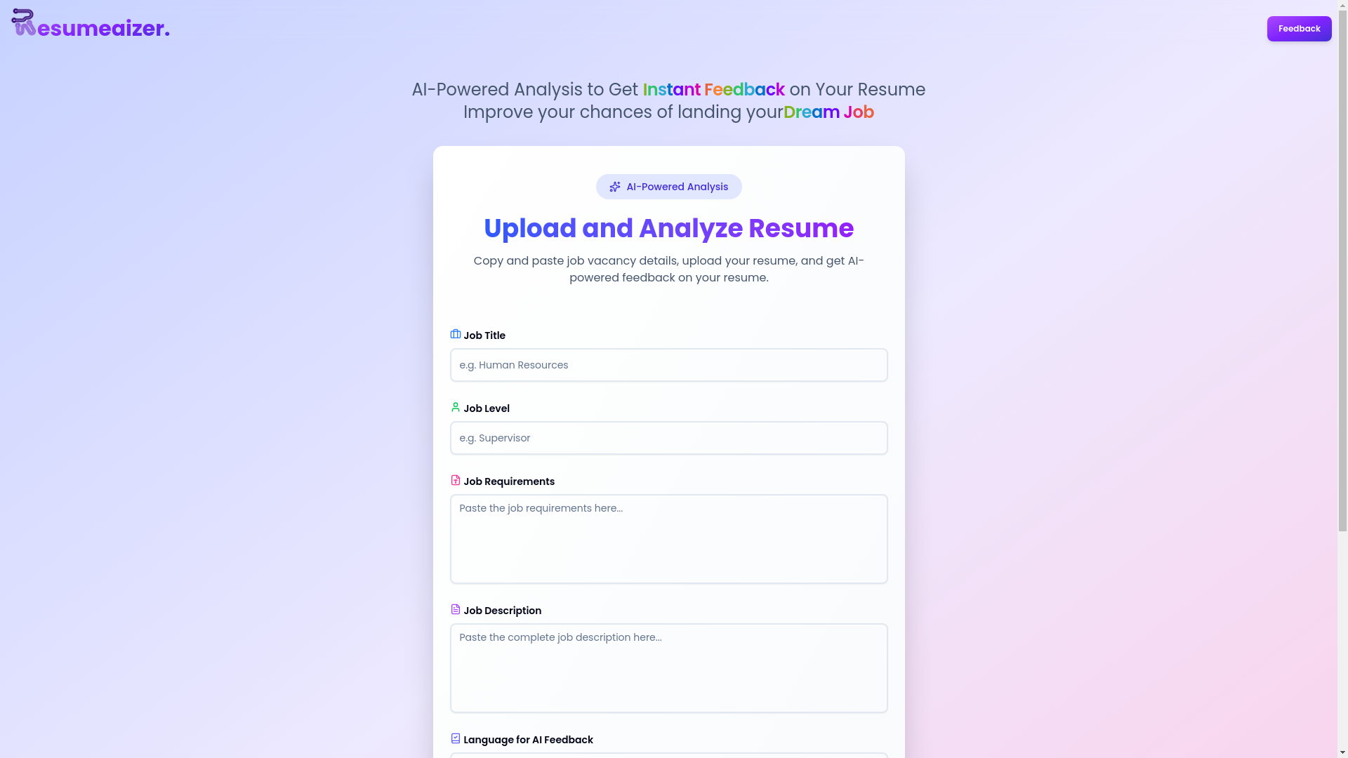 website screenshot of https://resumeaizer.my.id/