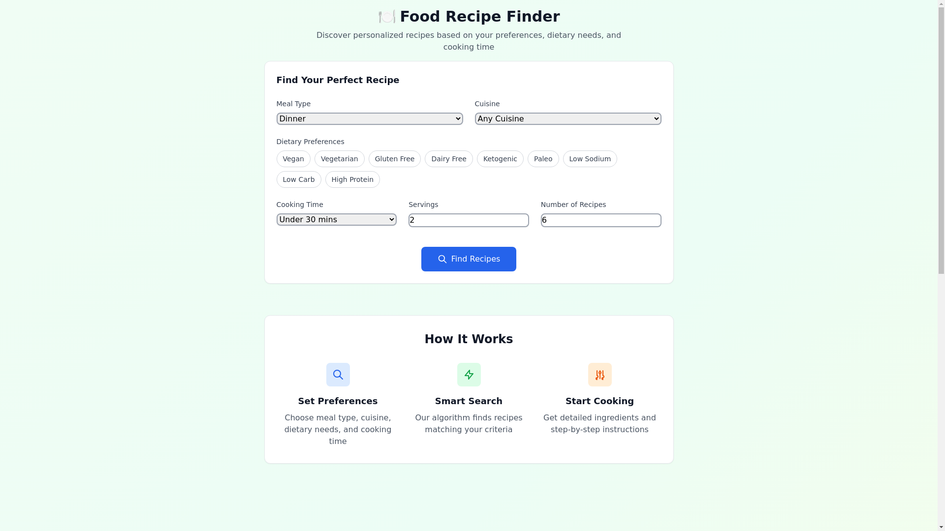 website screenshot of https://mealrecipefinder.com/