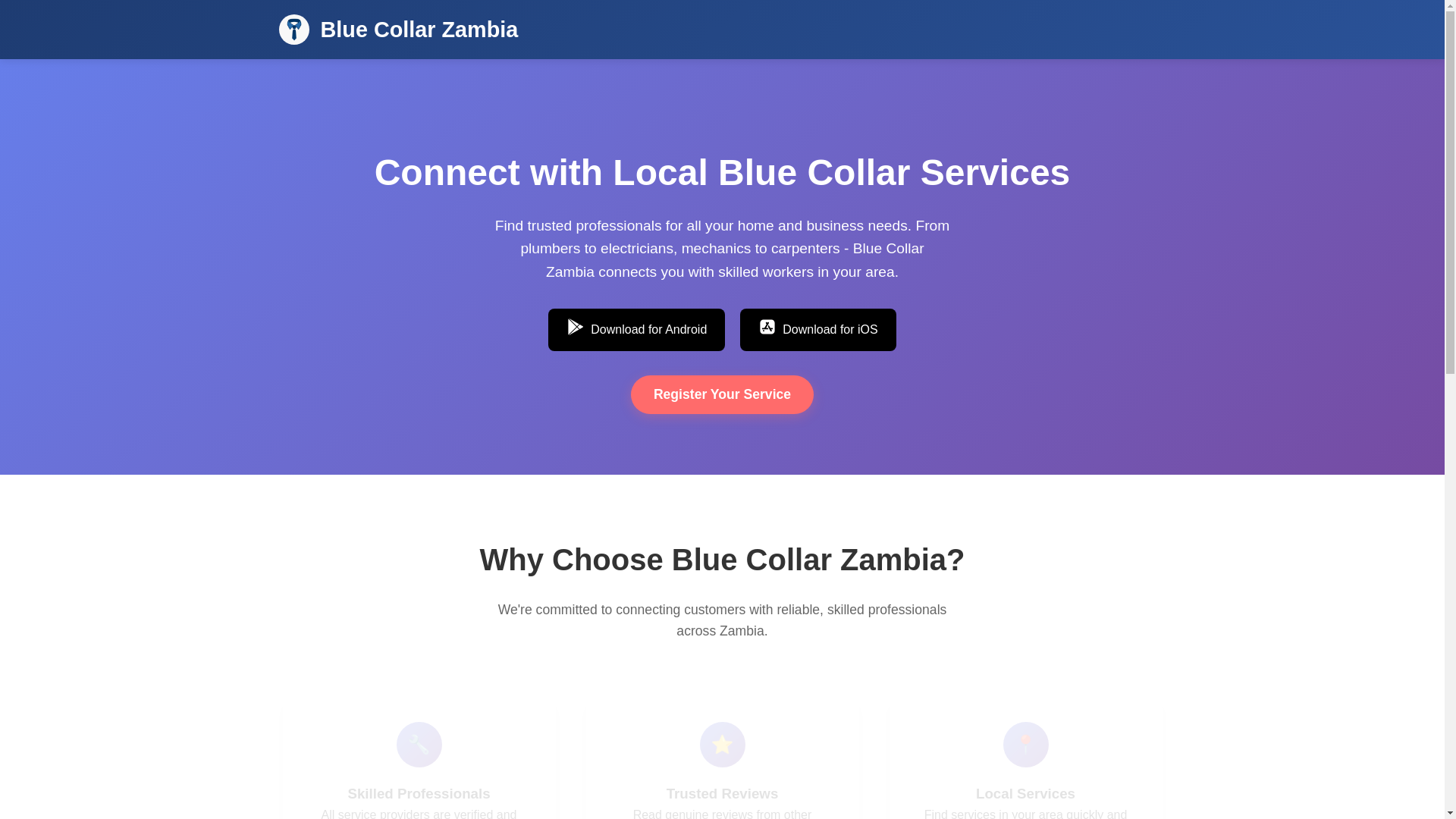 website screenshot of https://blue-collar-zambia-landing--do341.kinsta.page