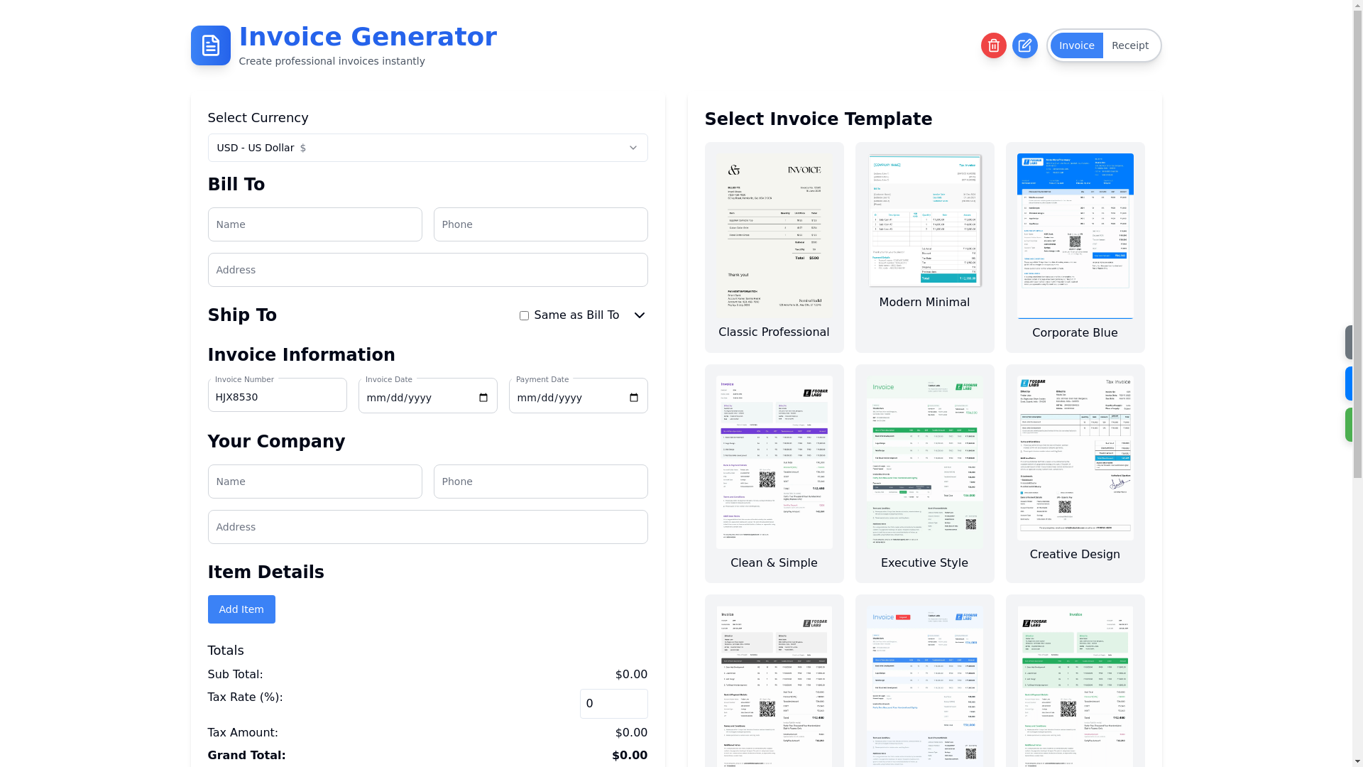 website screenshot of https://invoice-receipt-generator.pages.dev/