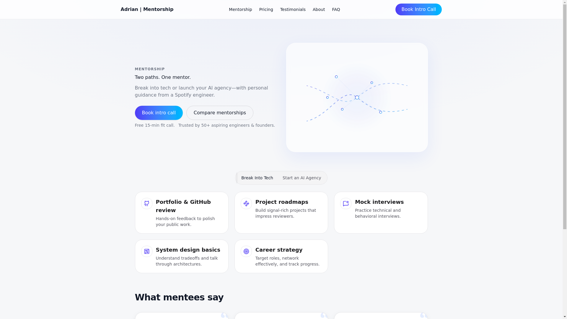 website screenshot of https://adrianmentorship.com/