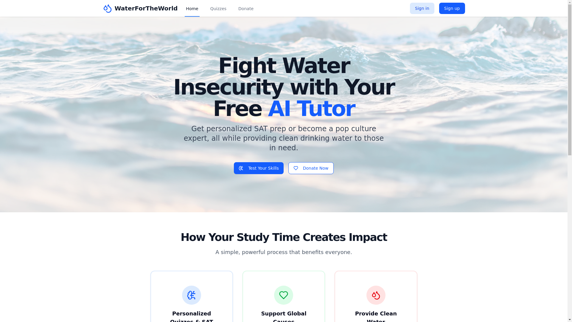 website screenshot of https://waterfortheworld.co/