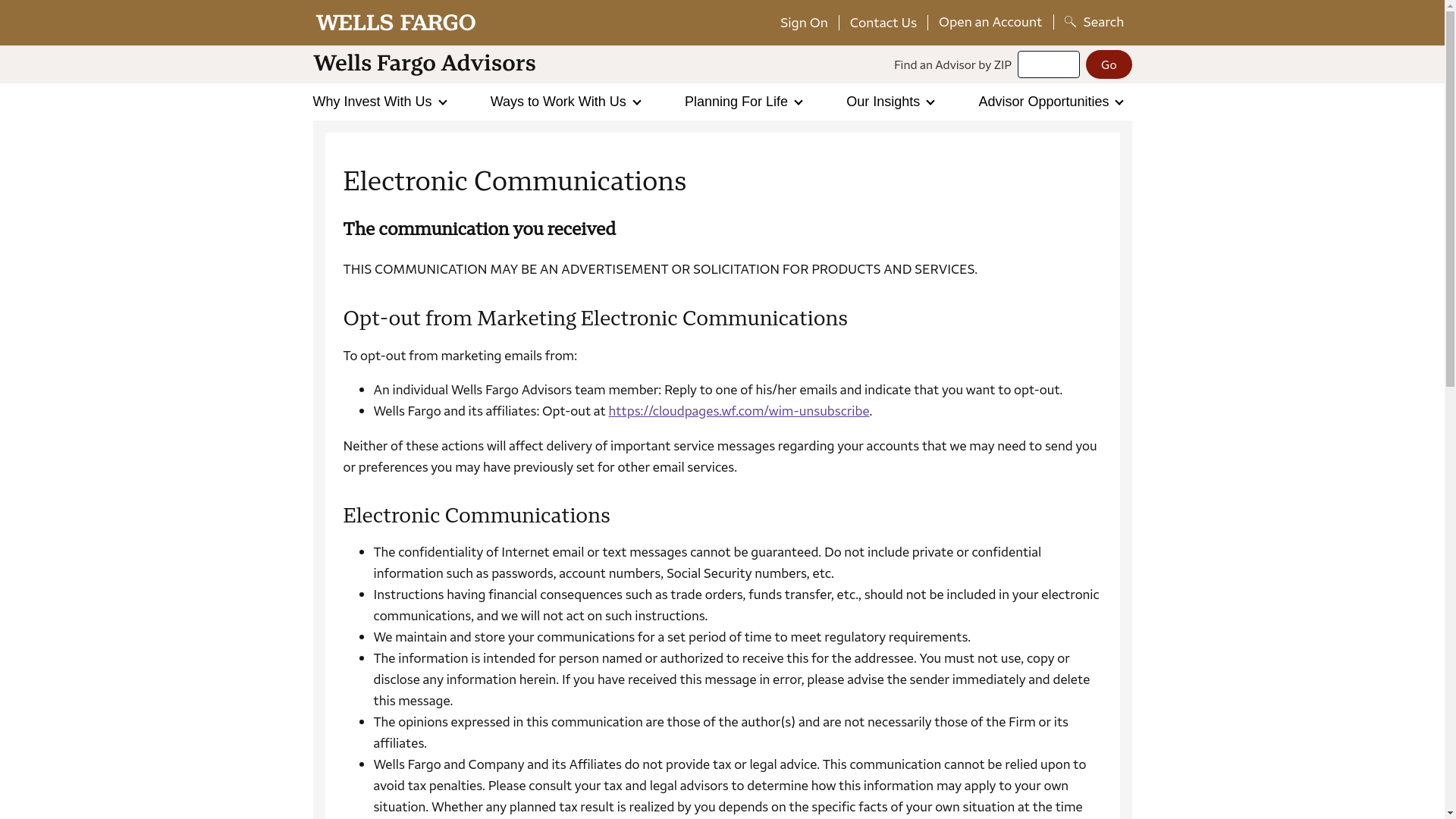 website screenshot of https://www.wellsfargoadvisors.com/disclosures/email-disclosure.htm