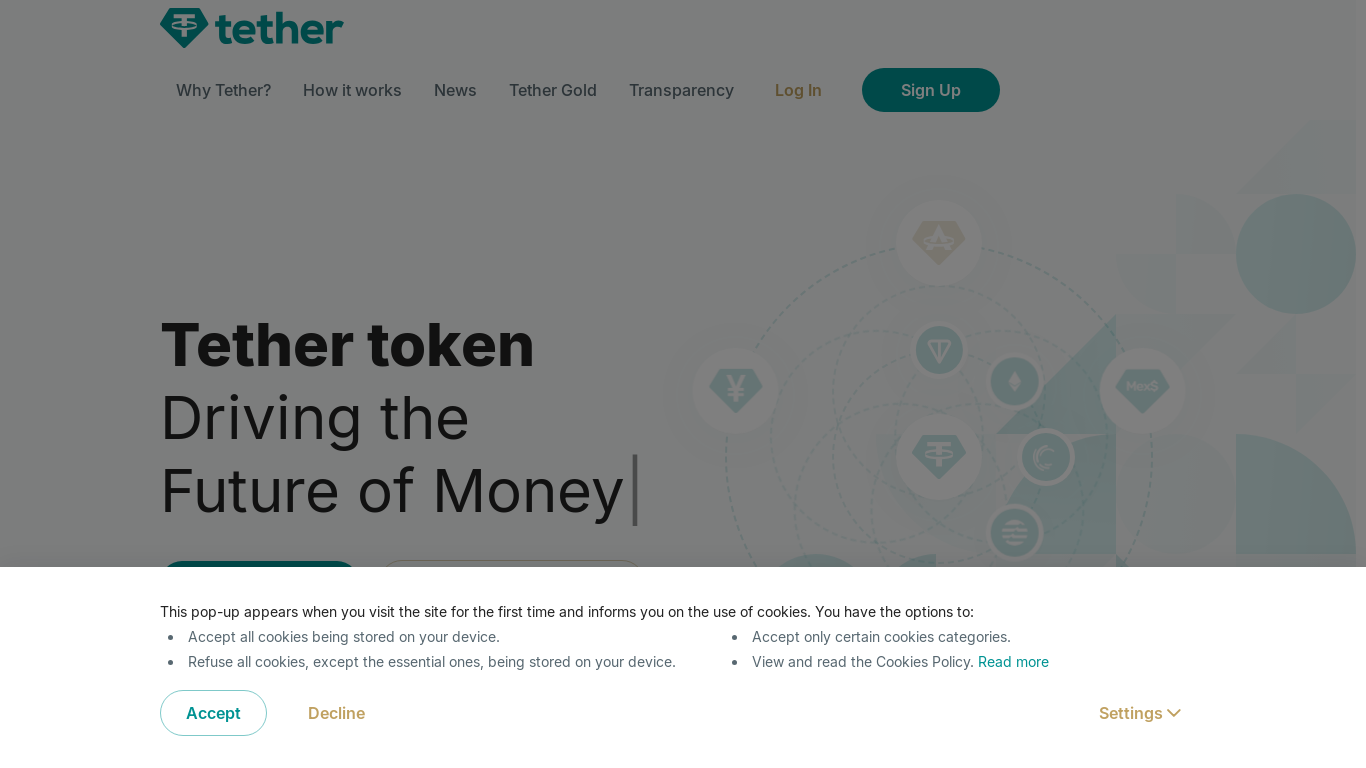 website screenshot of https://tether.to/
