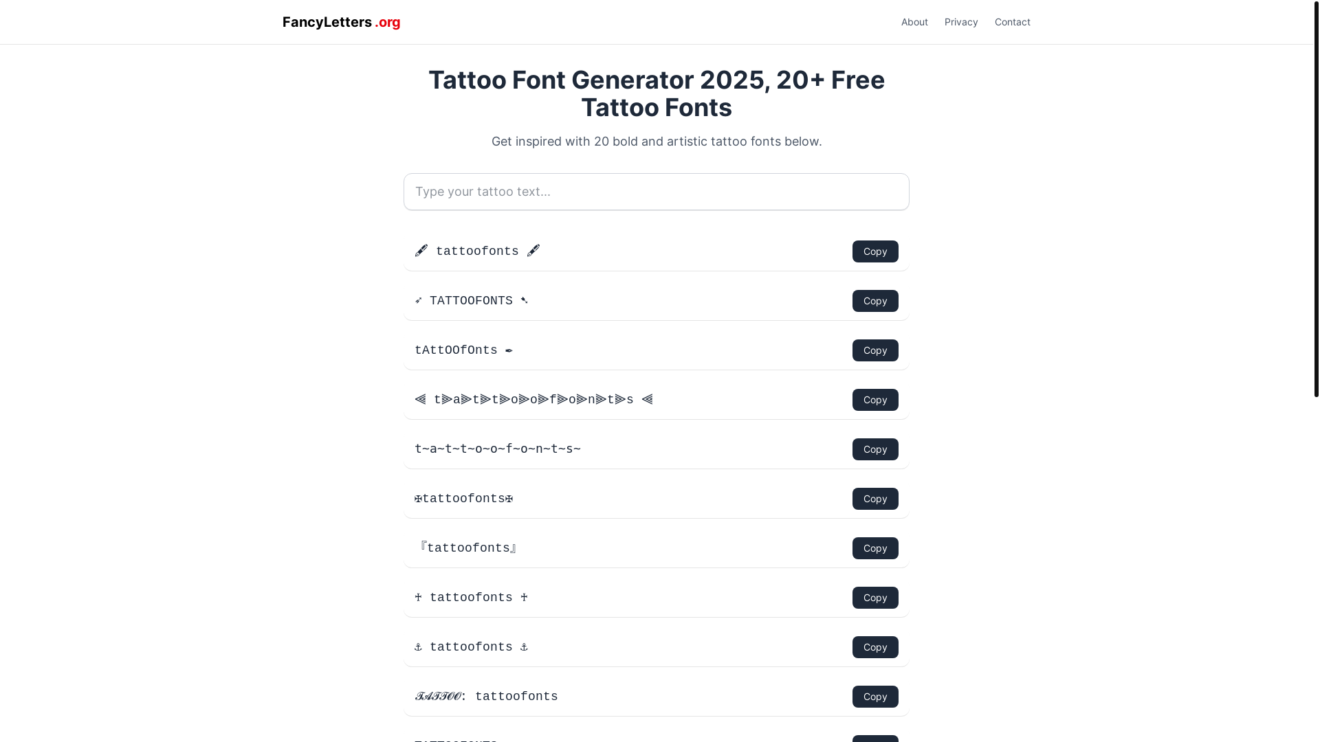 website screenshot of https://fancytattoofonts.pages.dev/