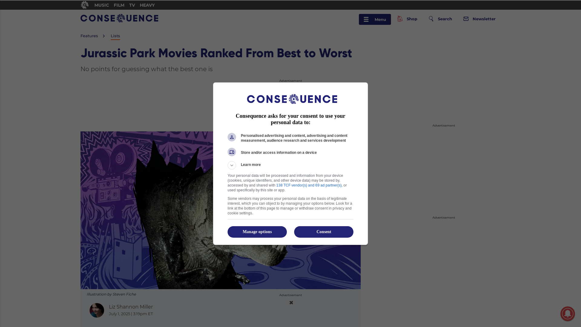 website screenshot of https://consequence.net/list/jurassic-park-movies-ranked/