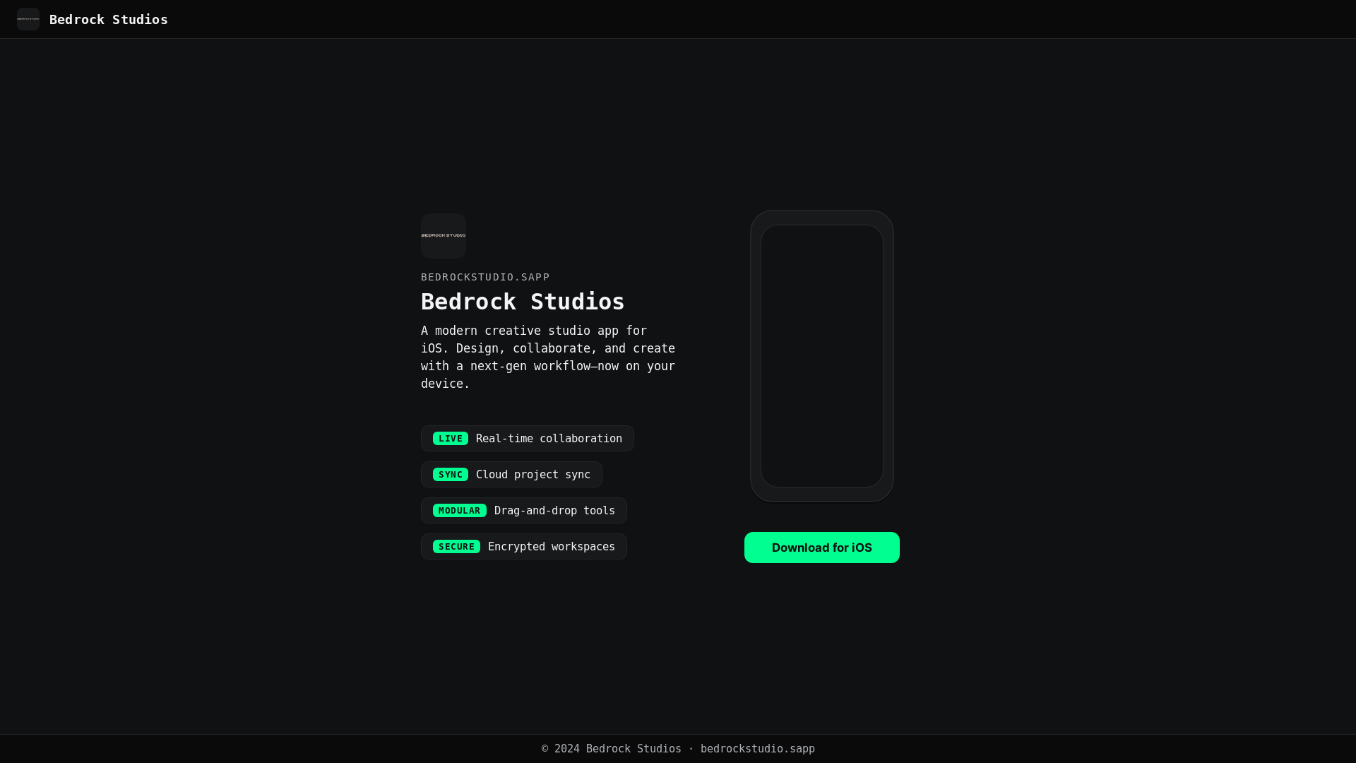 website screenshot of https://bedrockstudio.app/