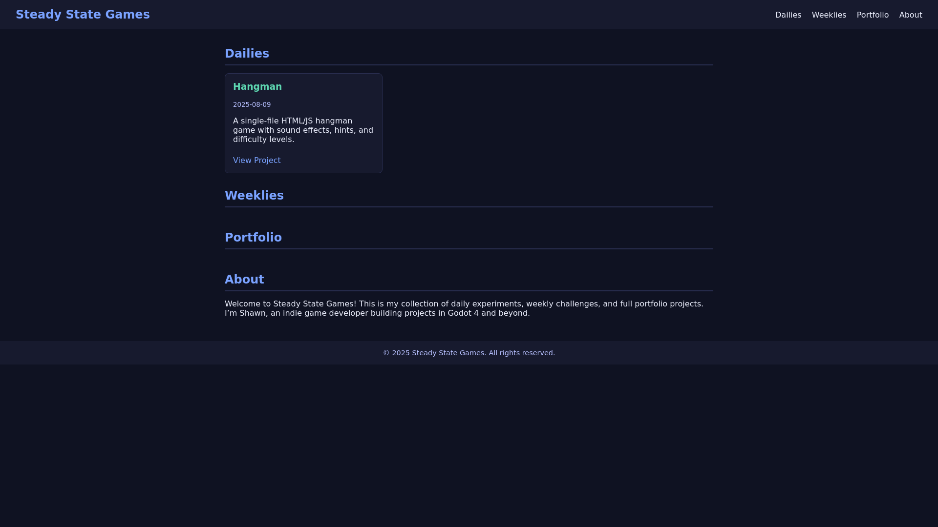 website screenshot of https://steadystategames.dev/