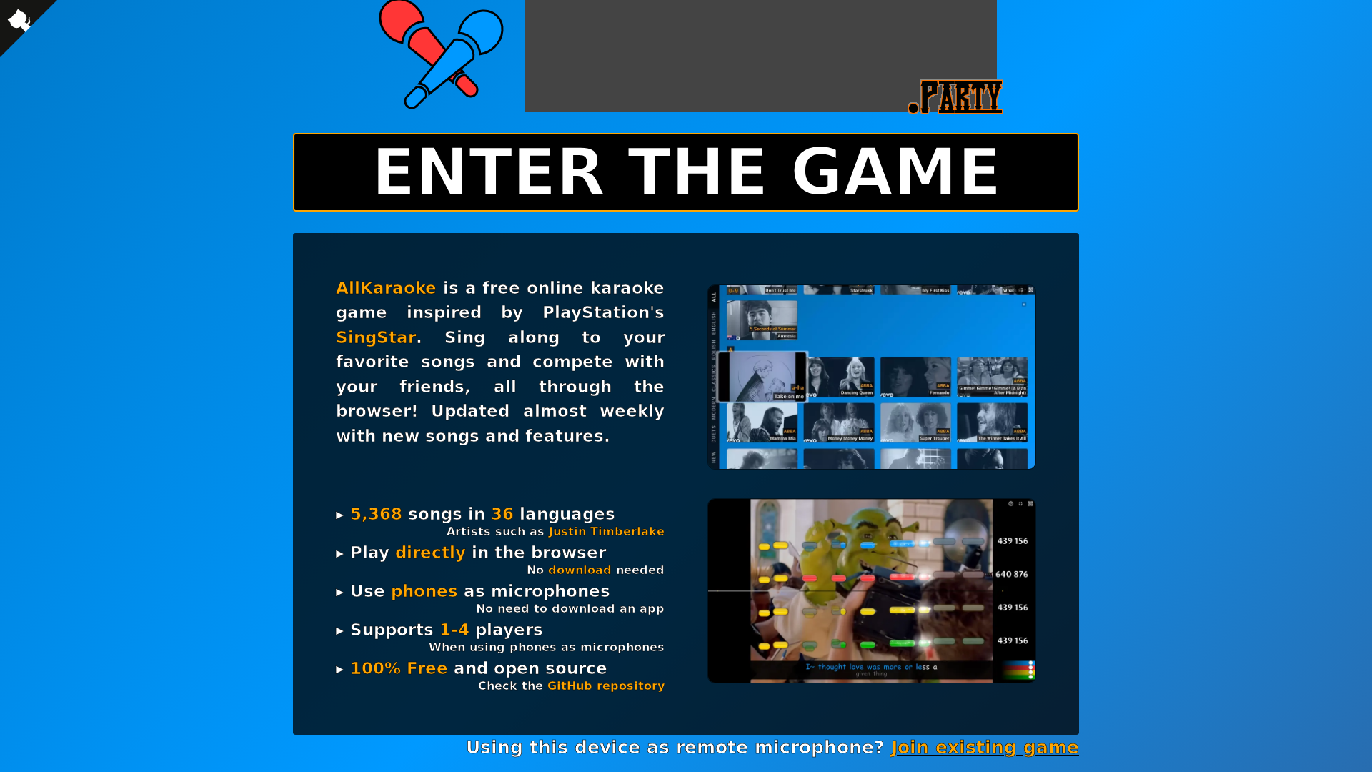 website screenshot of https://allkaraoke.party/