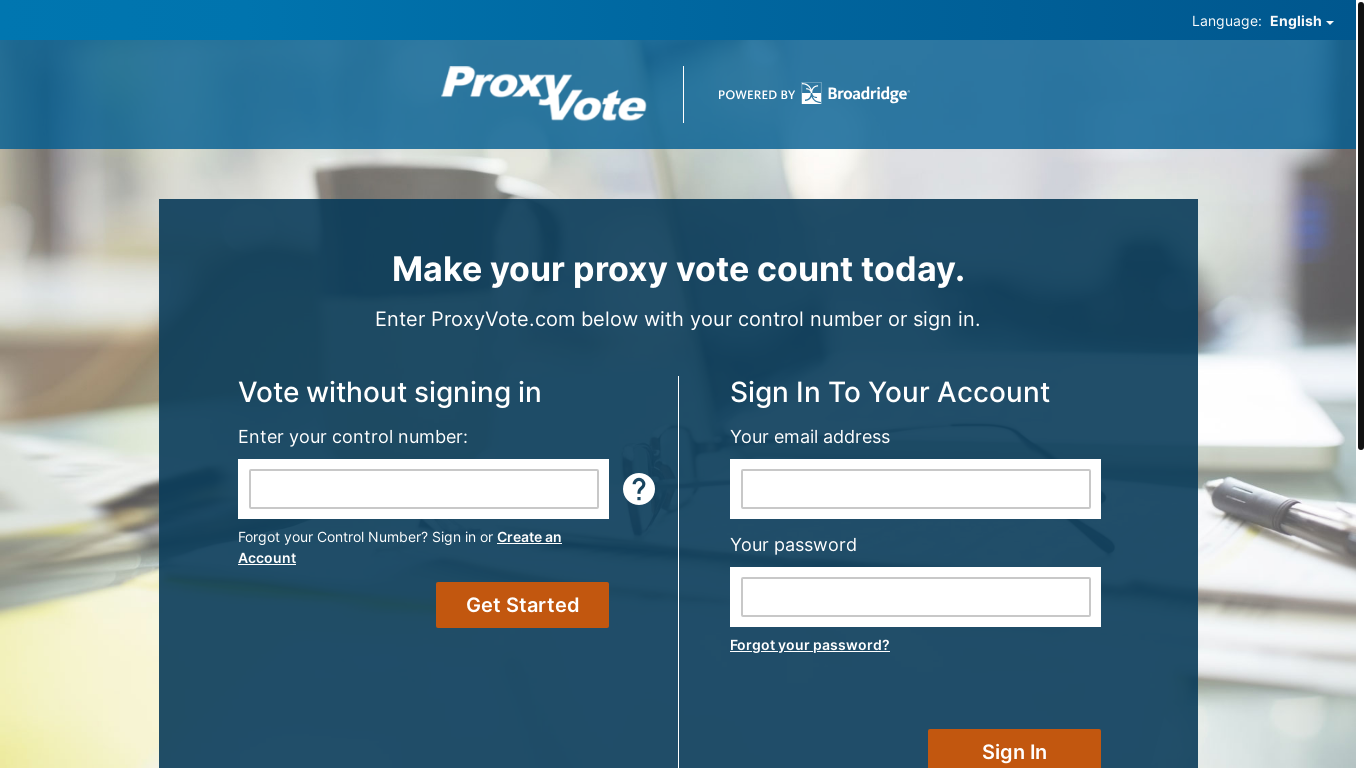 website screenshot of https://proxyvote.com/