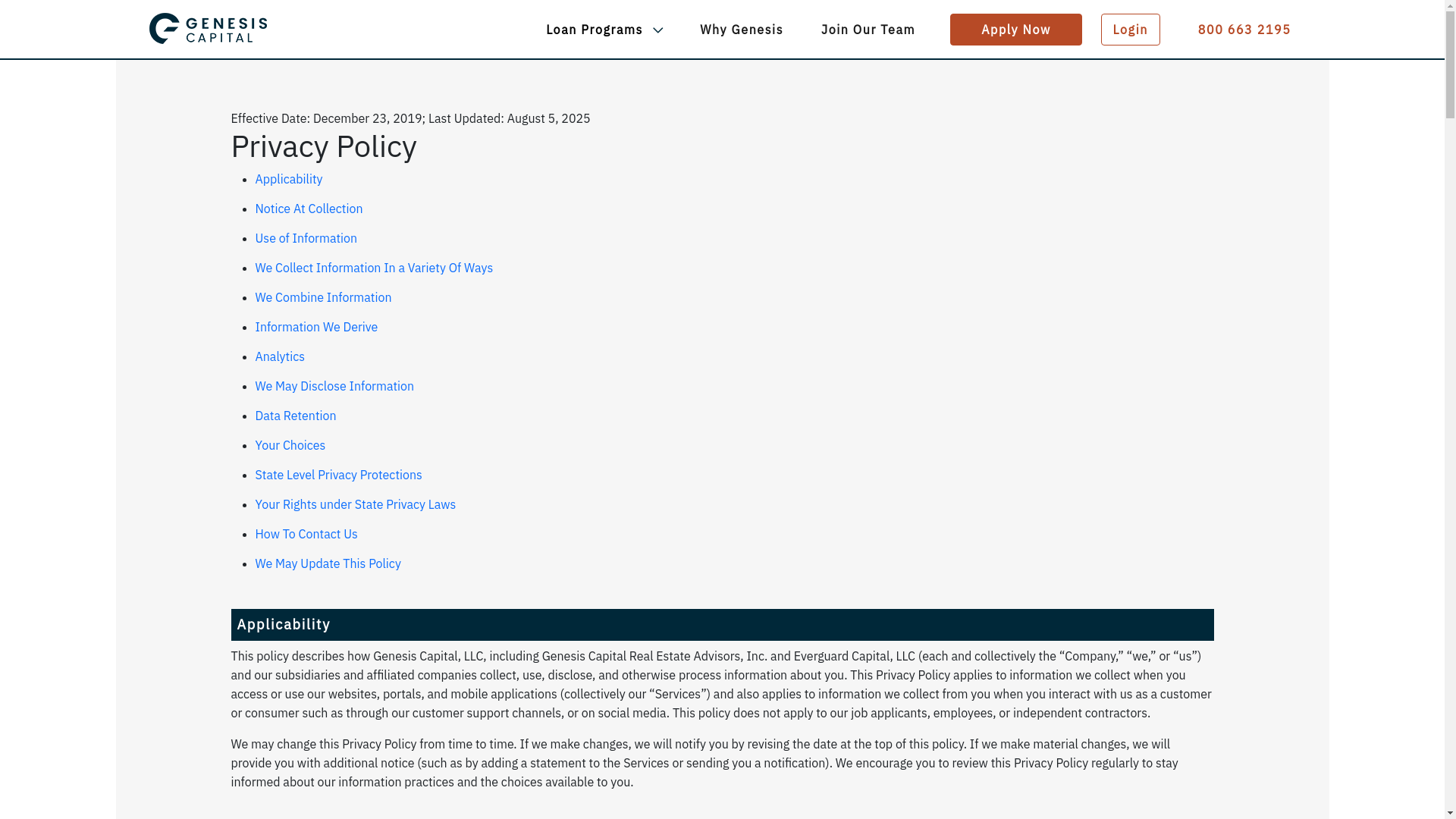 website screenshot of https://genesiscapital.com/privacy/