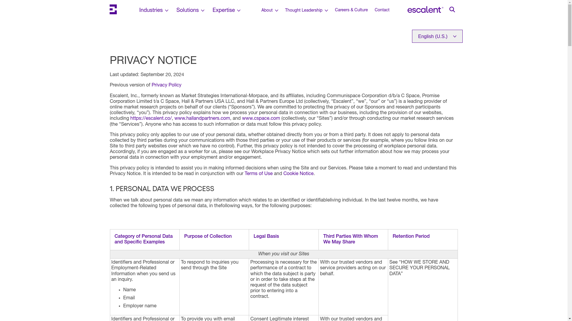website screenshot of https://www.escalent.co/privacy-policy/