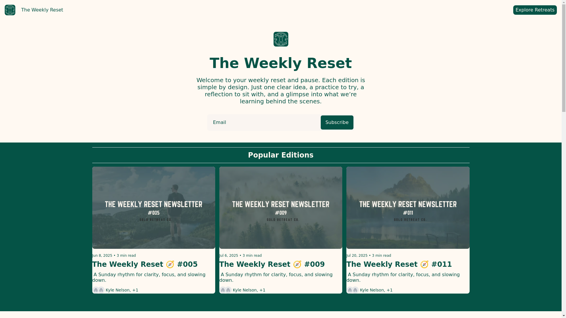website screenshot of https://weeklyreset.co/
