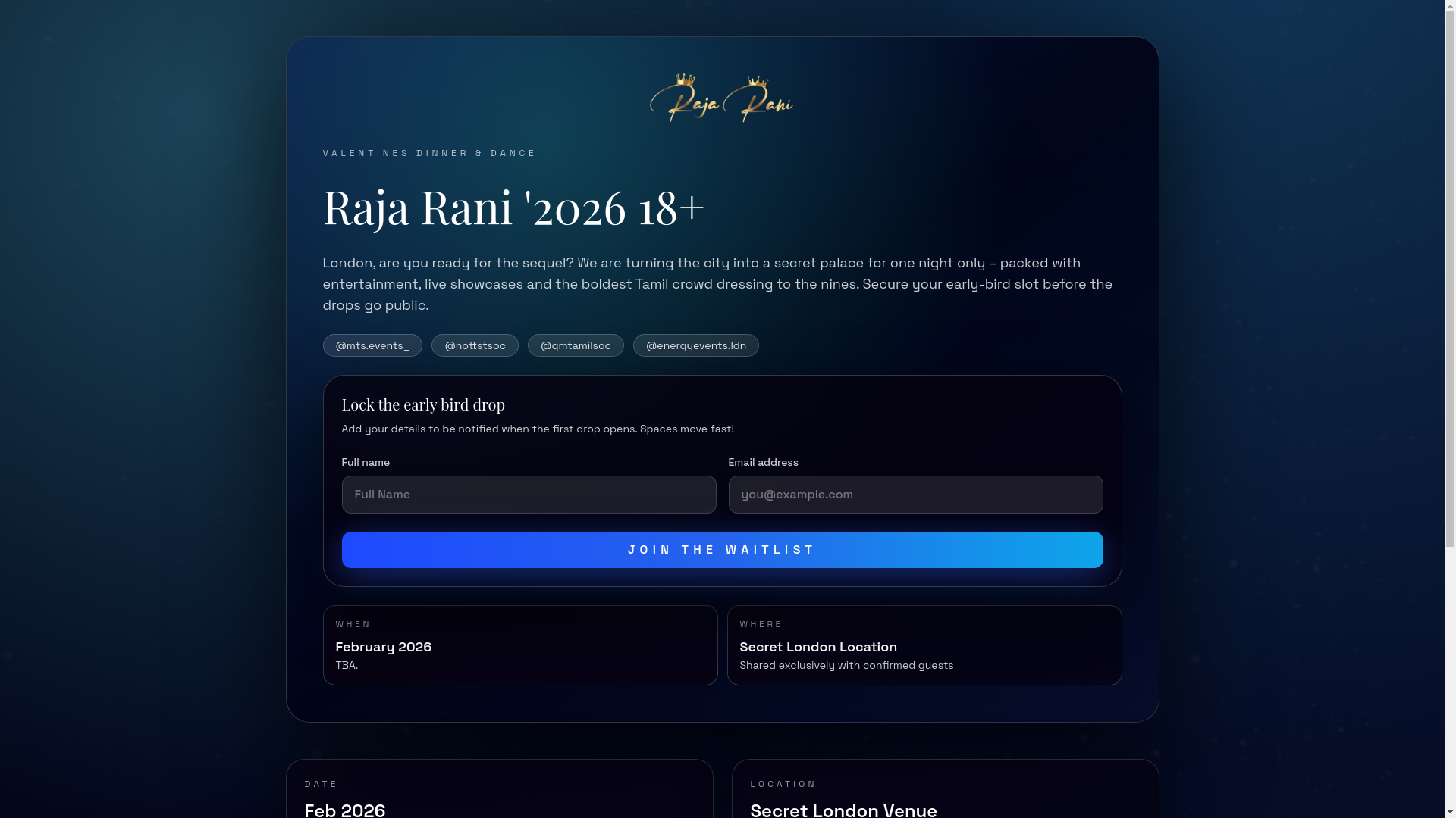 website screenshot of https://rajaraniball.com/