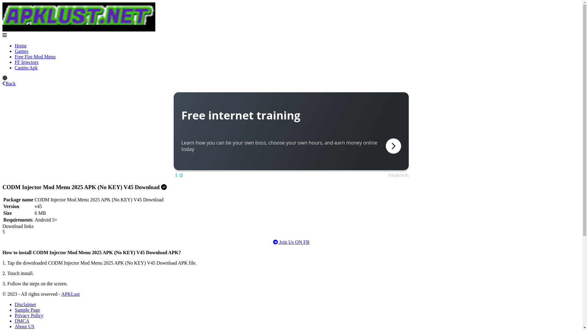 website screenshot of https://apklust.net/codm-injector-mod/?download=links