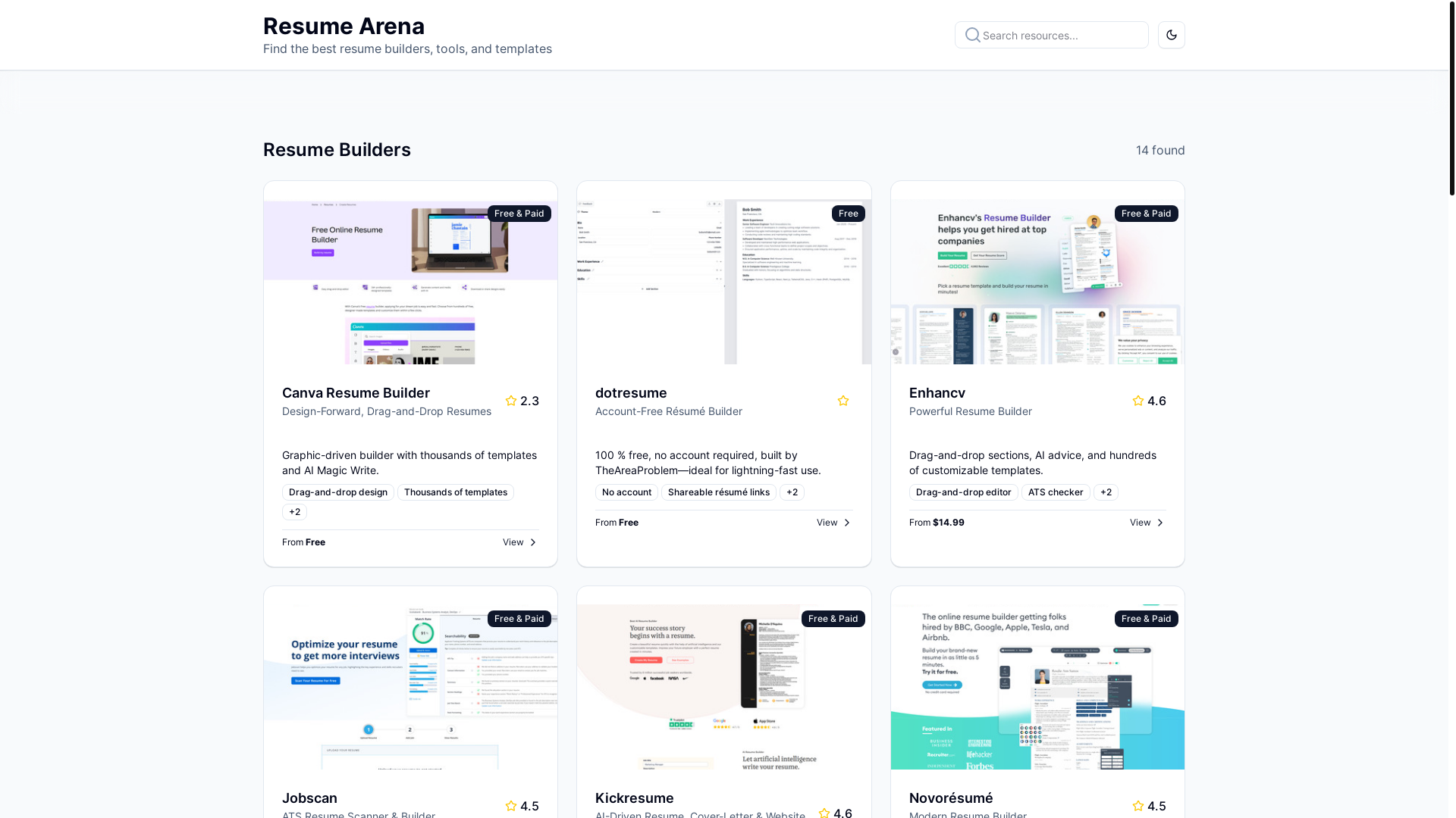 website screenshot of https://resumearena.pages.dev/