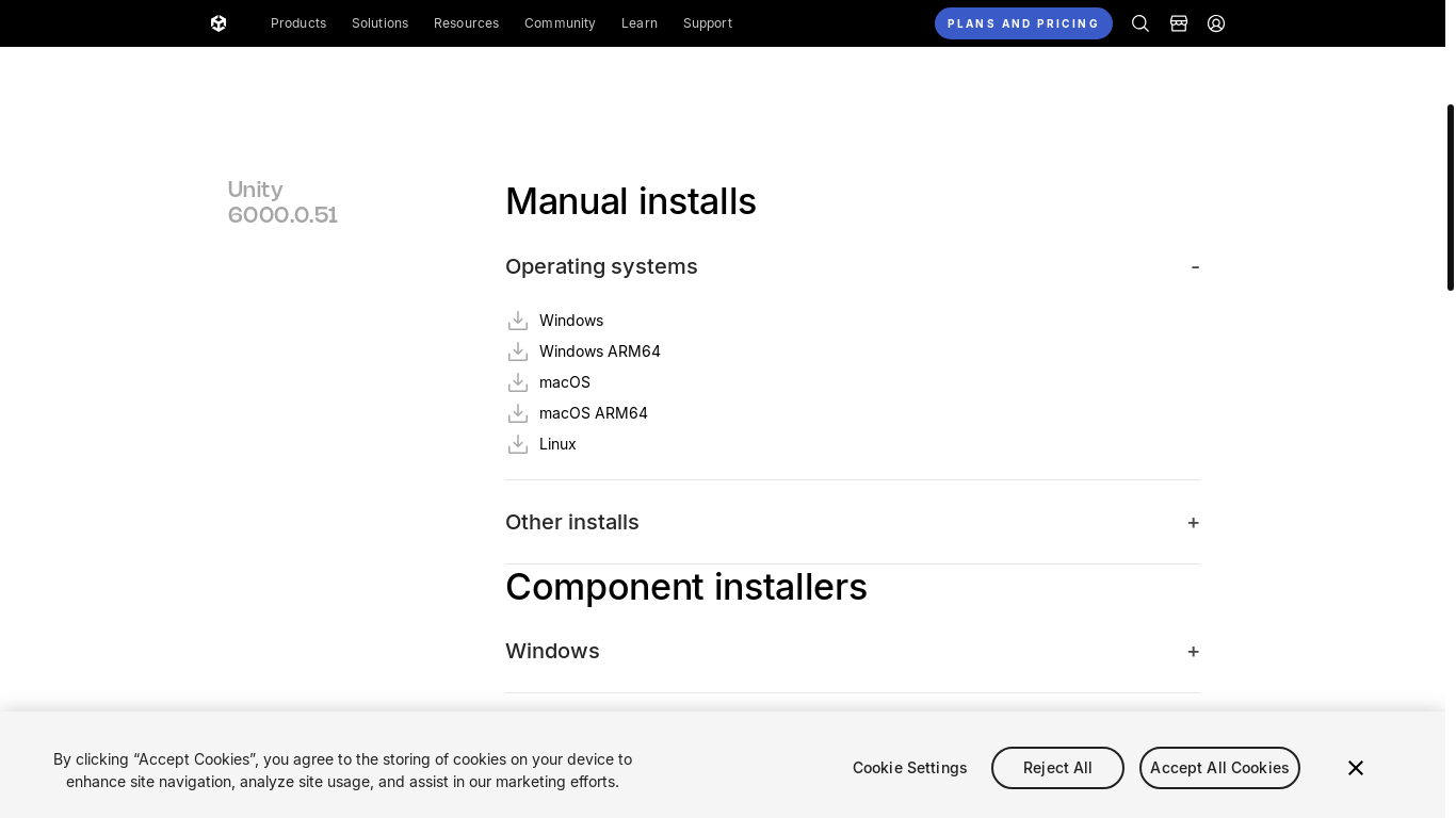 website screenshot of https://unity.com/releases/editor/whats-new/6000.0.51#installs