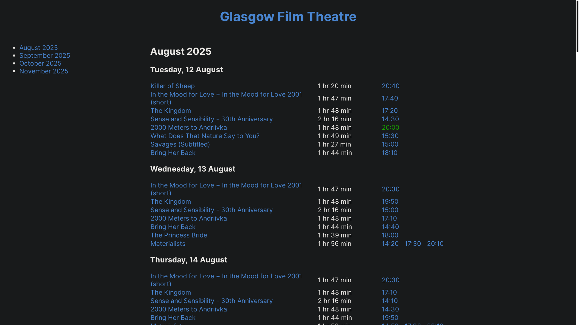 website screenshot of https://simplecinemalistings.com/