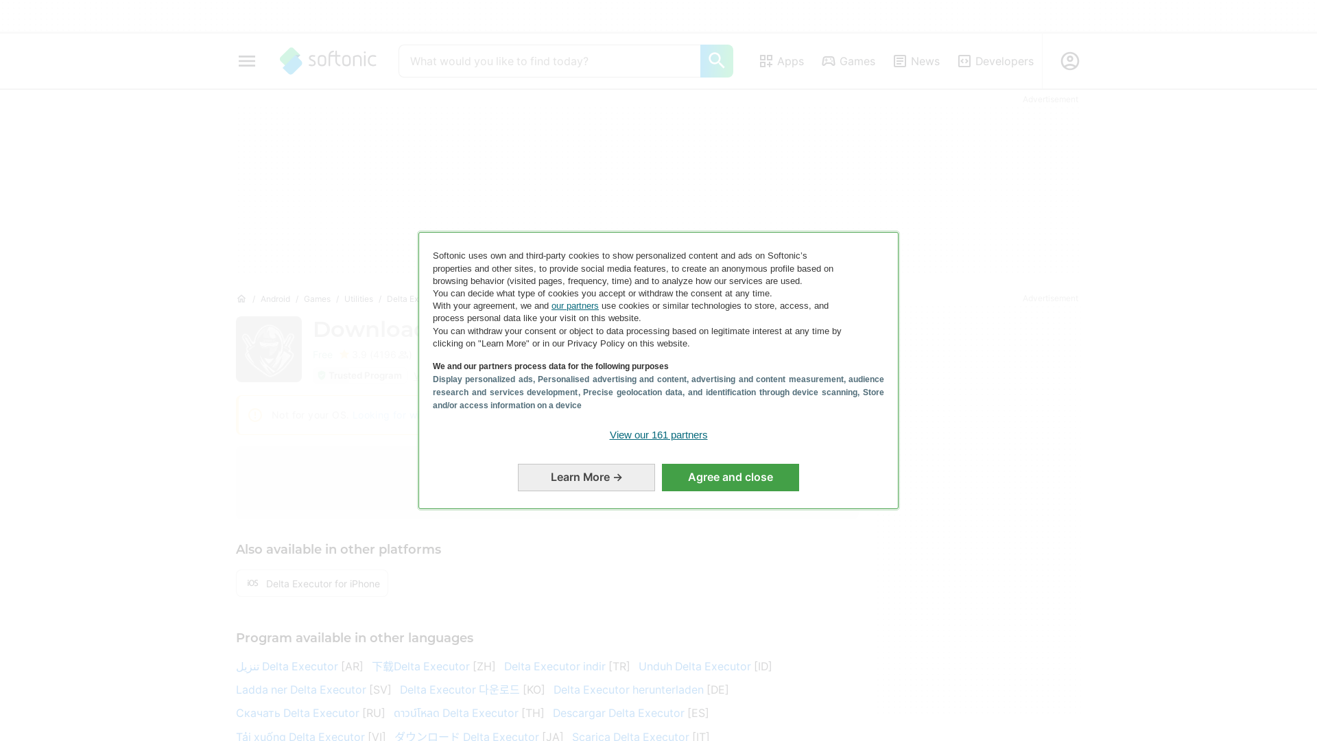website screenshot of https://delta-executor.en.softonic.com/android/download