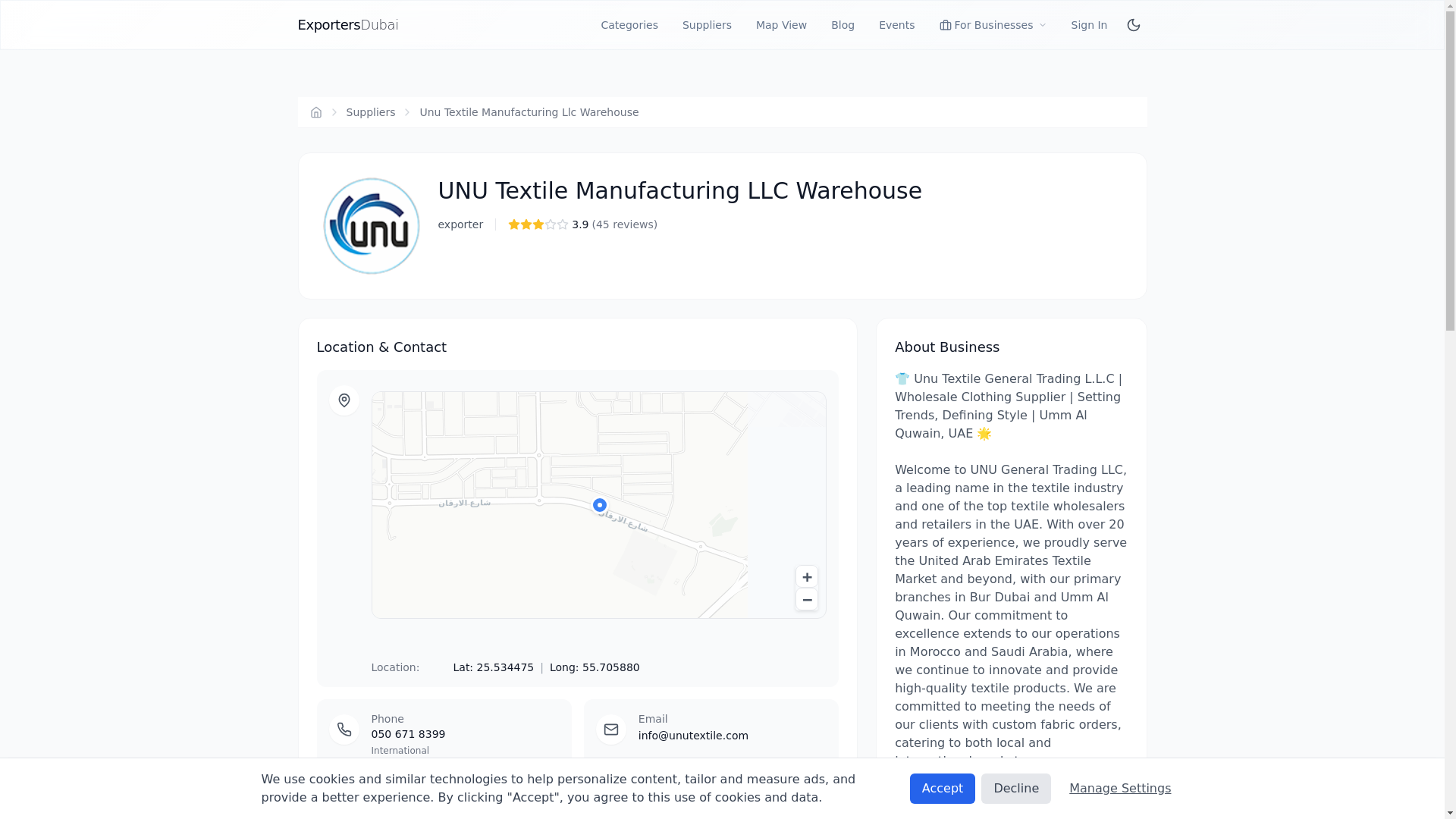website screenshot of https://exportersdubai.com/suppliers/unu-textile-manufacturing-llc-warehouse
