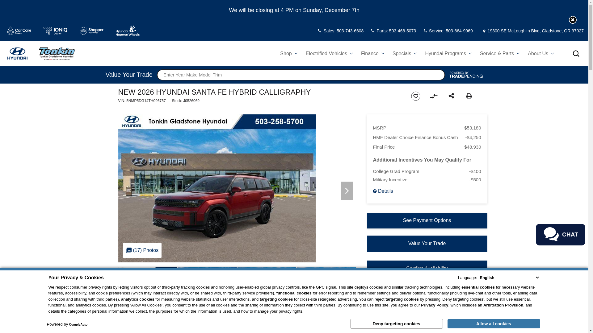 website screenshot of https://www.tonkingladstonehyundai.com/inventory/5NMP5DG14TH096757/?condition=N&store={store_code}