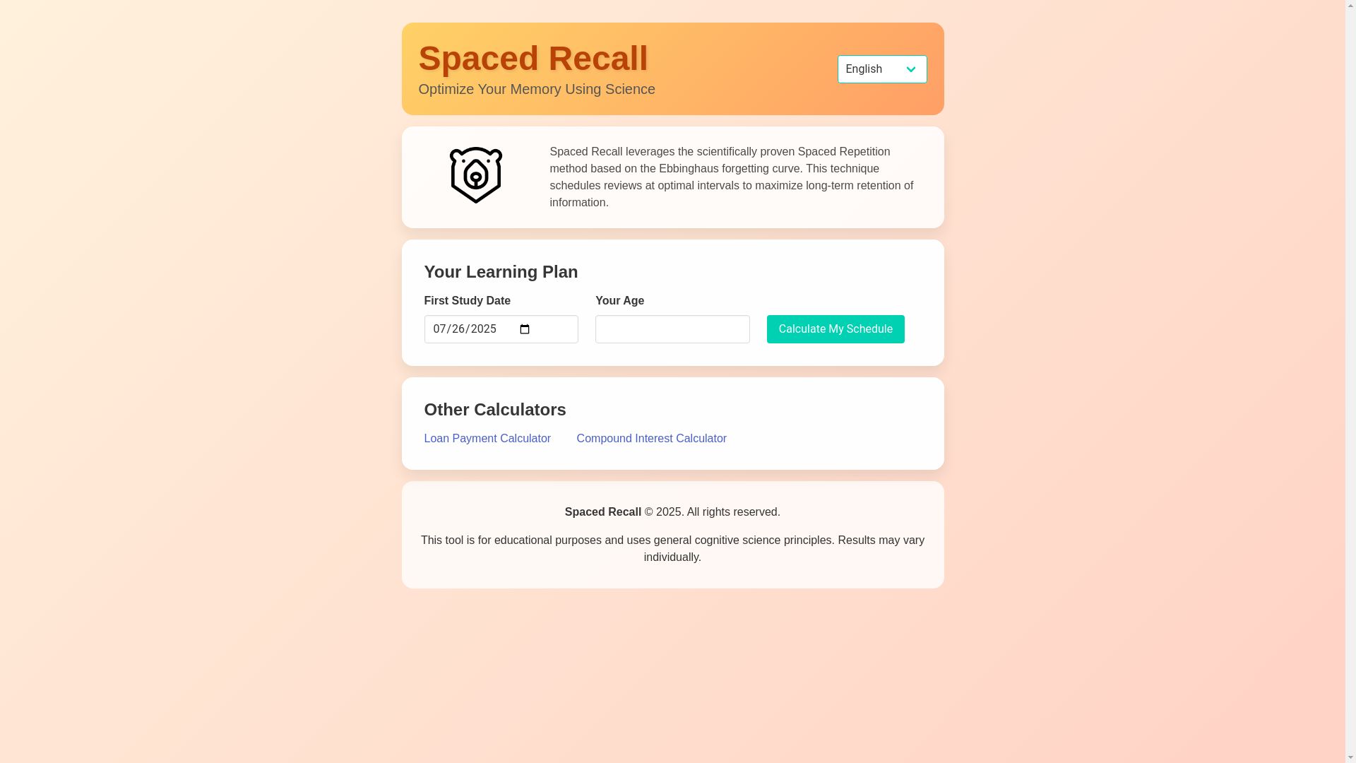 website screenshot of https://spaced-recall.com/