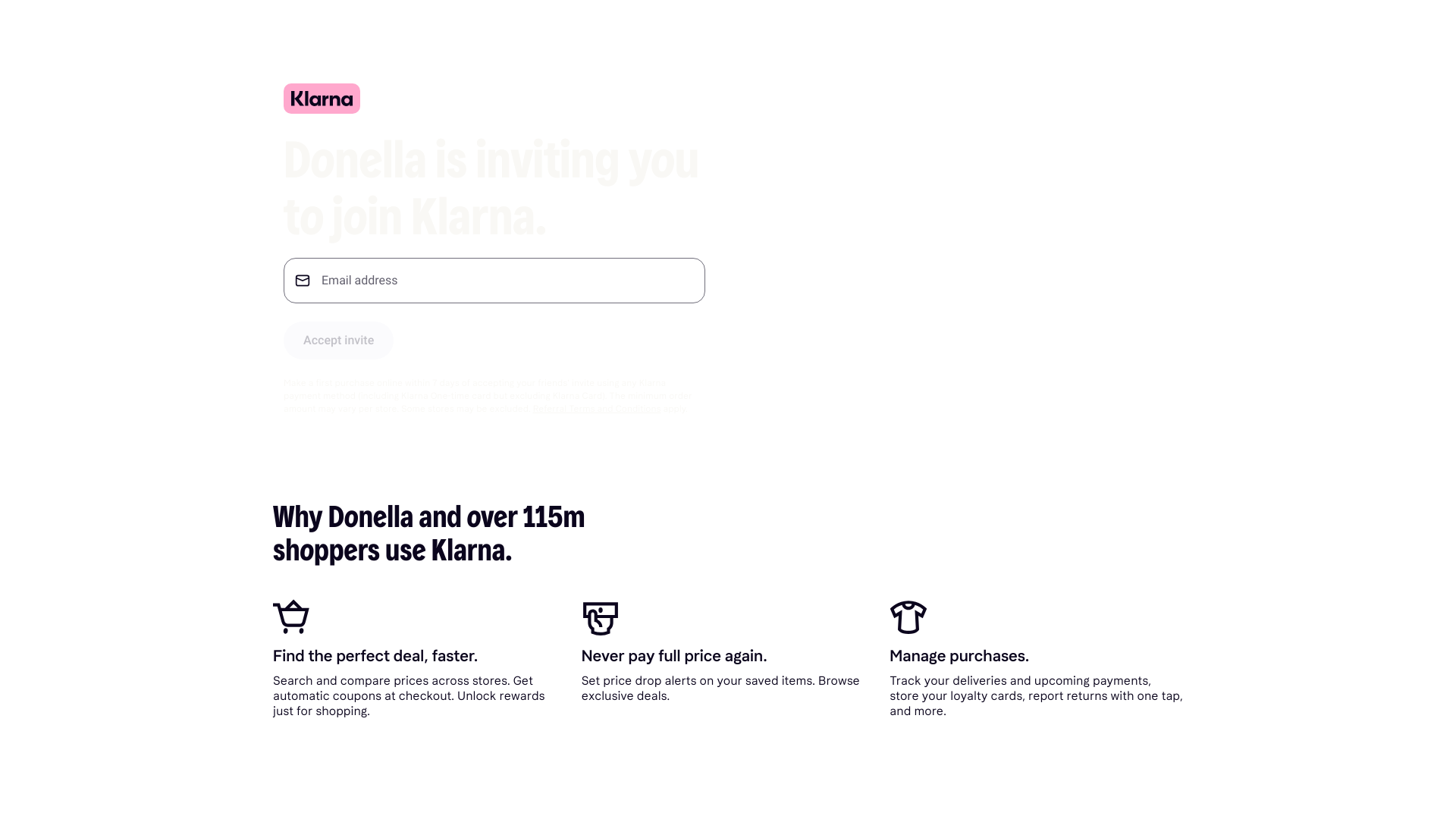 website screenshot of https://invite.klarna.com/gb/xwn6dhps/default-gb