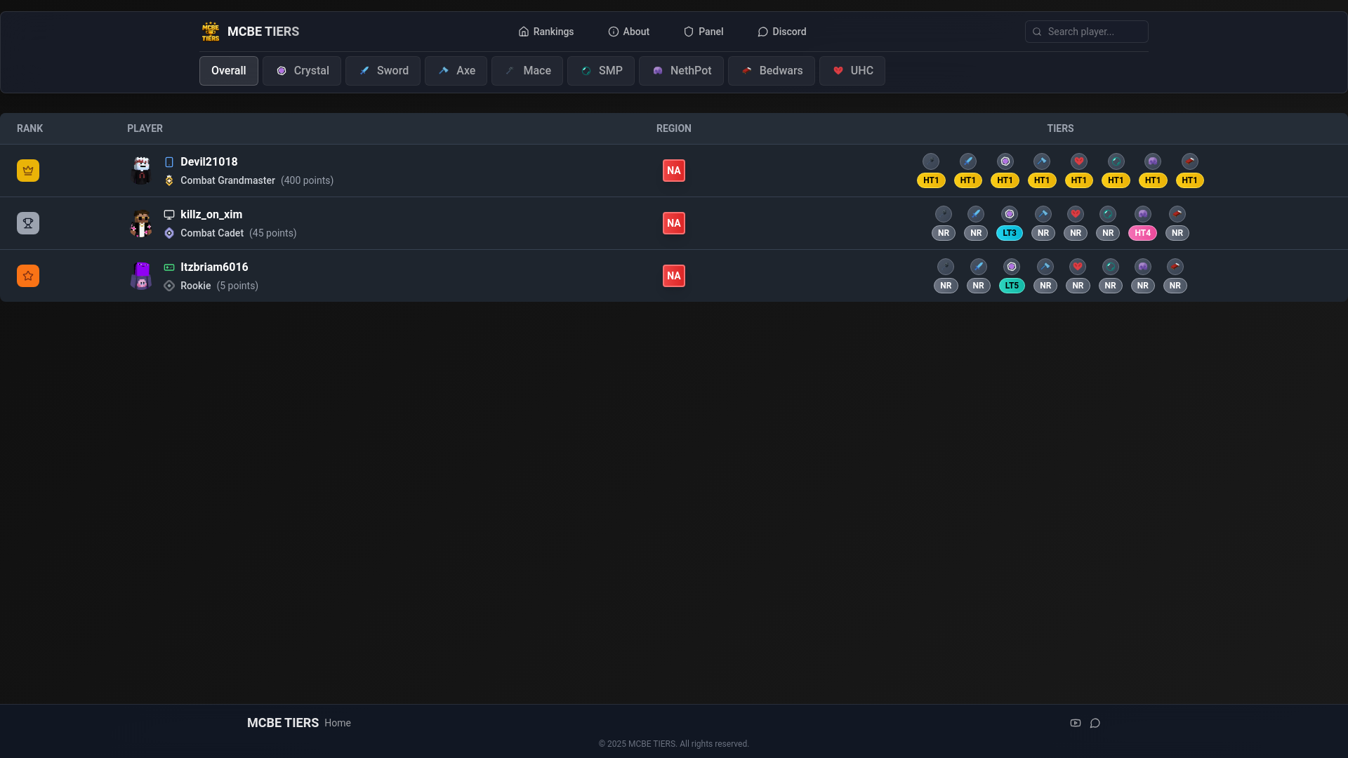 website screenshot of https://mcbetiers.net/