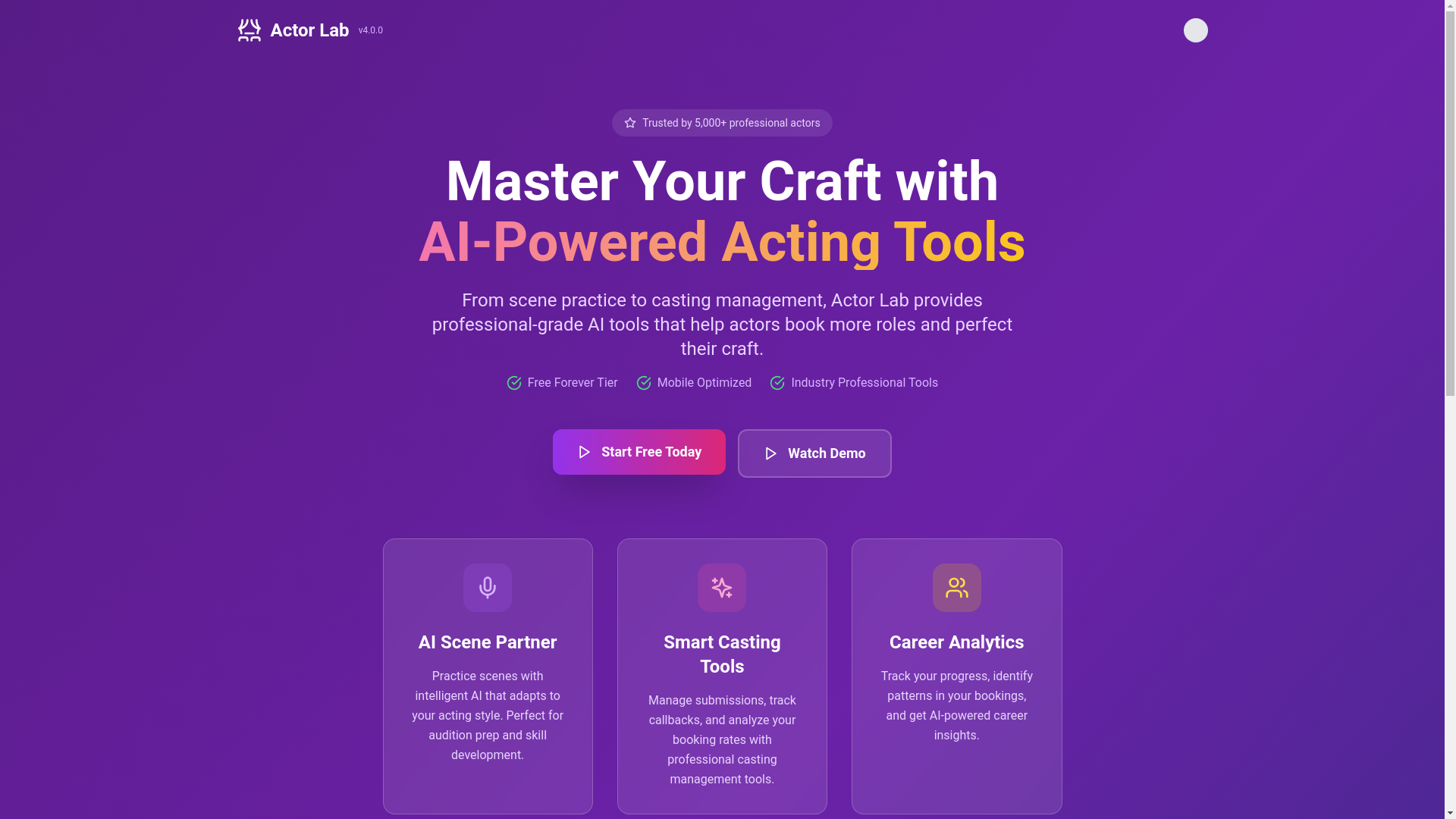 website screenshot of https://actorlab.io/