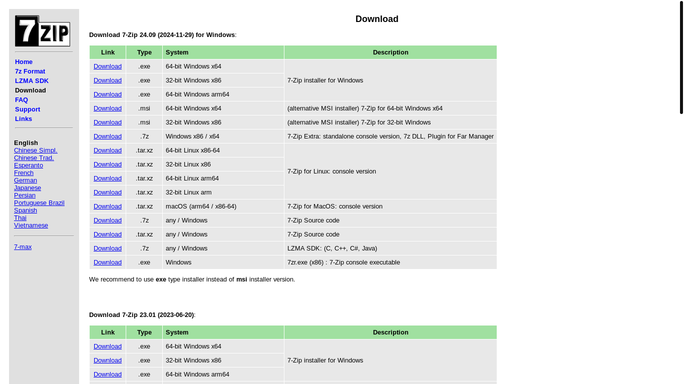website screenshot of https://7-zip.org/download.html
